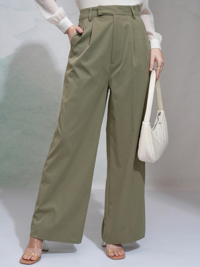 Tokyo Talkies Women Green Solid Regular Fit Casual Trouser - Green - Image 1