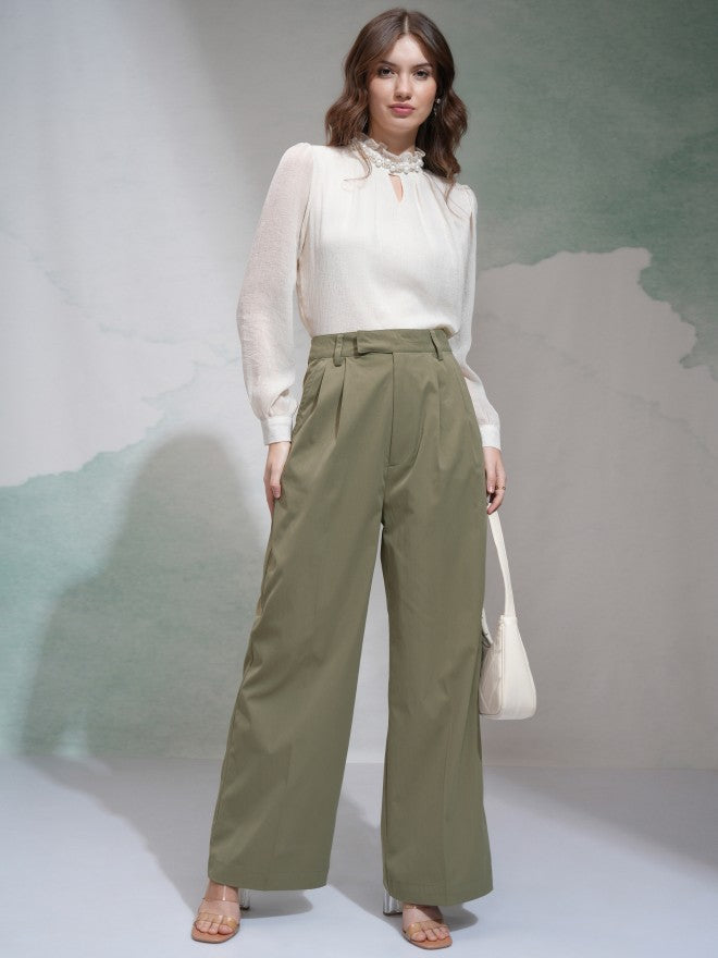 Tokyo Talkies Women Green Solid Regular Fit Casual Trouser - Green - Image 2