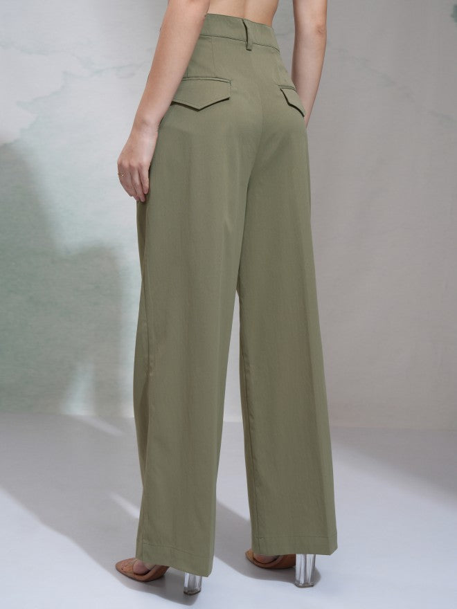 Tokyo Talkies Women Green Solid Regular Fit Casual Trouser - Green - Image 3