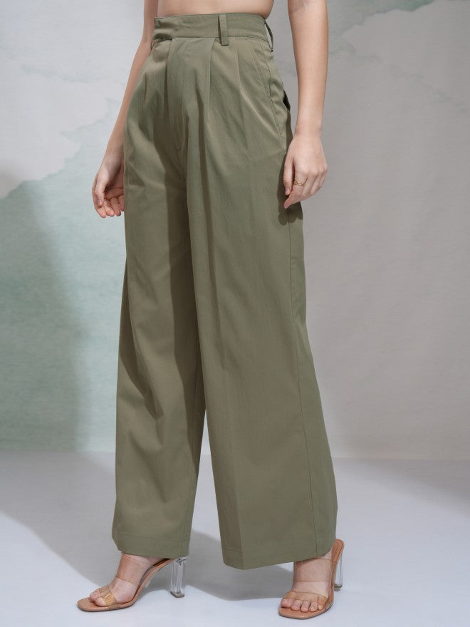 Tokyo Talkies Women Green Solid Regular Fit Casual Trouser - Green - Image 4