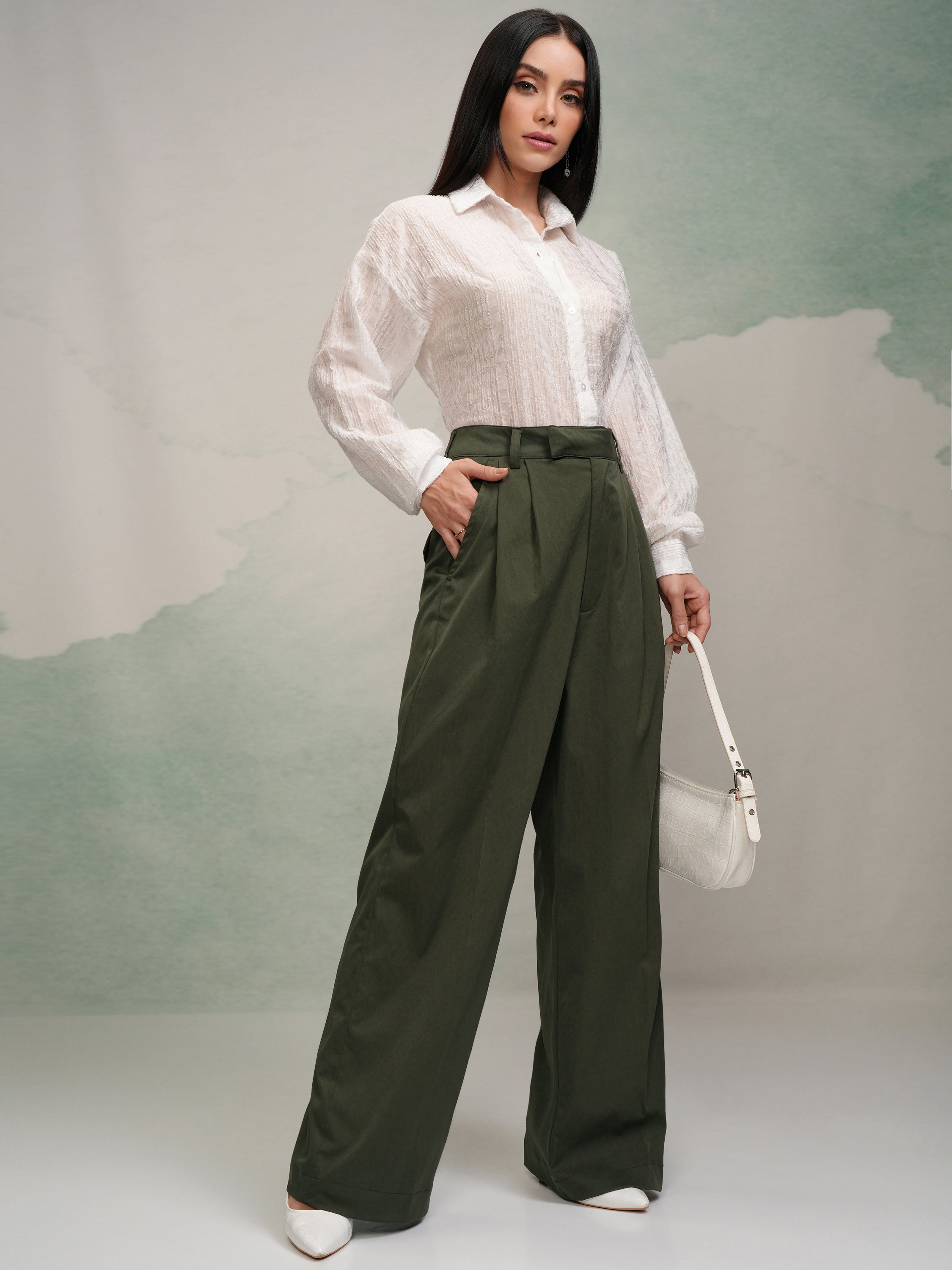 Tokyo Talkies Women Green Solid Flared Casual Trouser - Green - Image 2