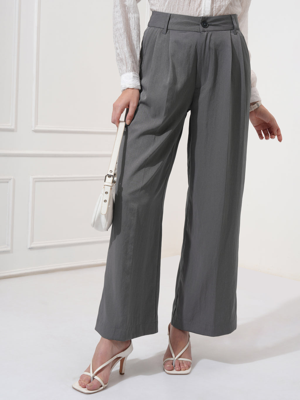 Tokyo Talkies Women Grey Solid Flared Casual Trouser - Grey - Image 1