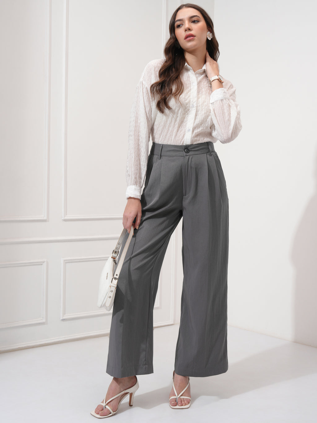 Tokyo Talkies Women Grey Solid Flared Casual Trouser - Grey - Image 2