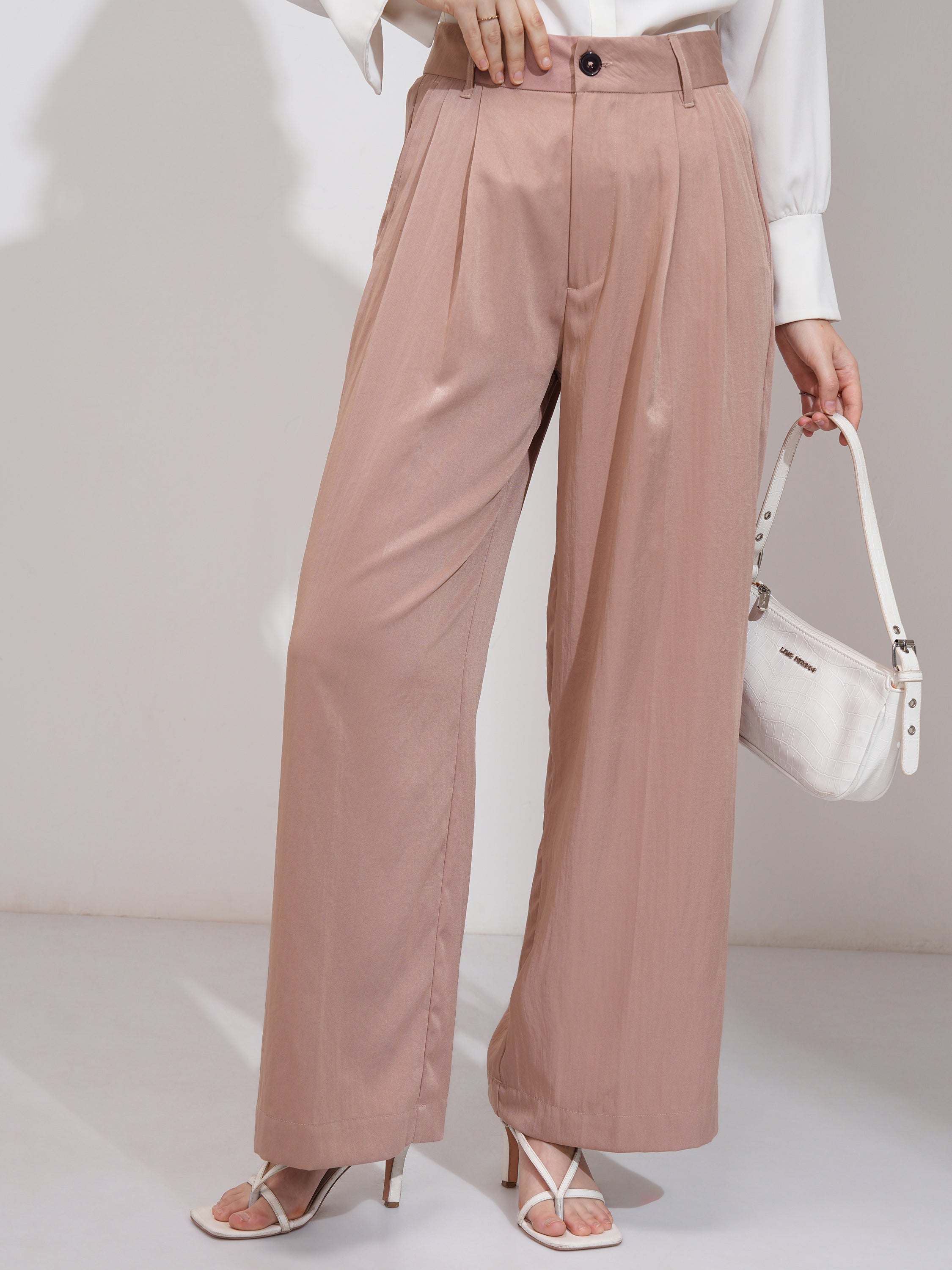 Tokyo Talkies Women Peach Solid Flared Casual Trouser - Peach - Image 1