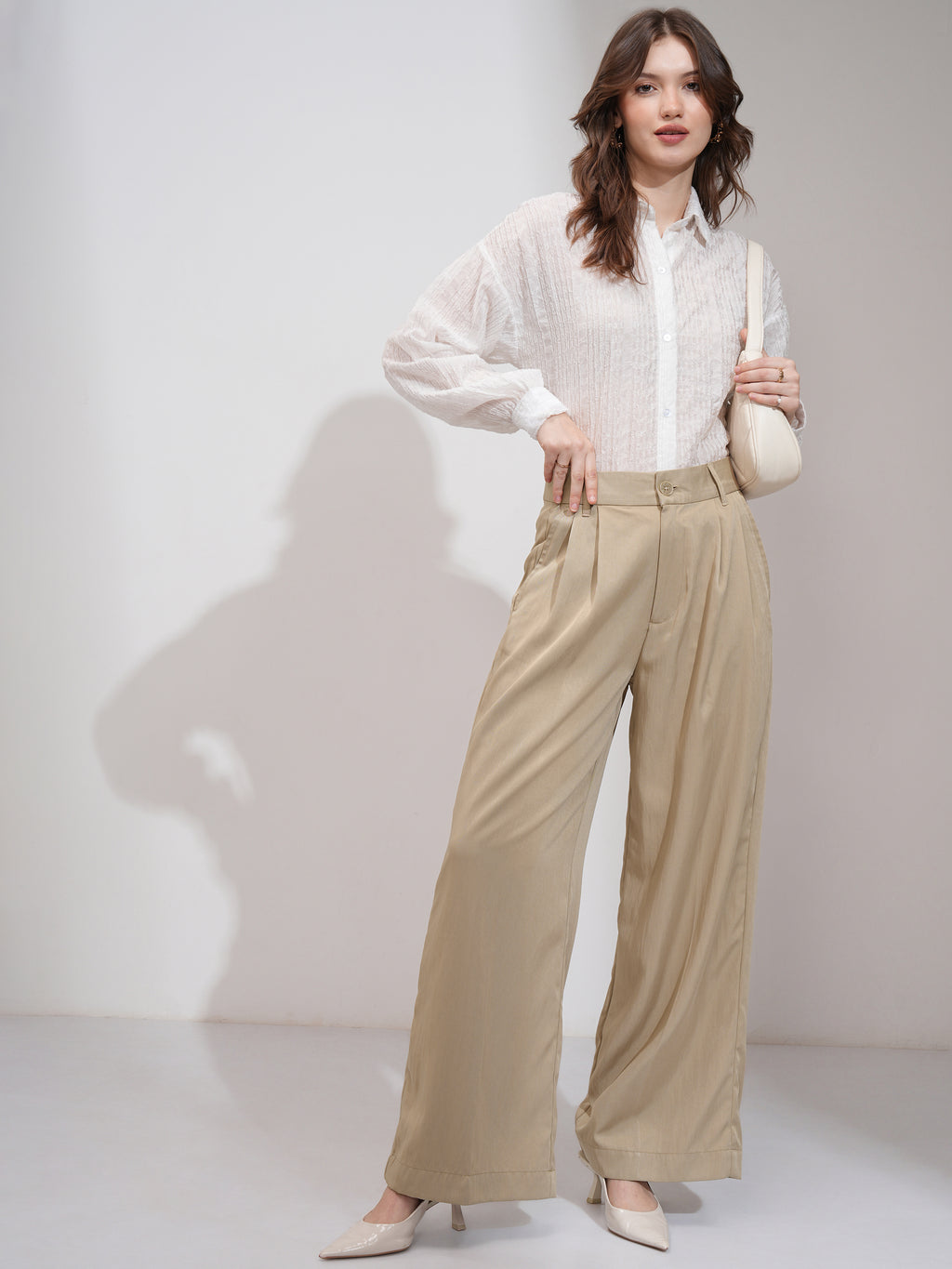 Tokyo Talkies Women Beige Solid Flared Casual Trouser - Beige - Image 2