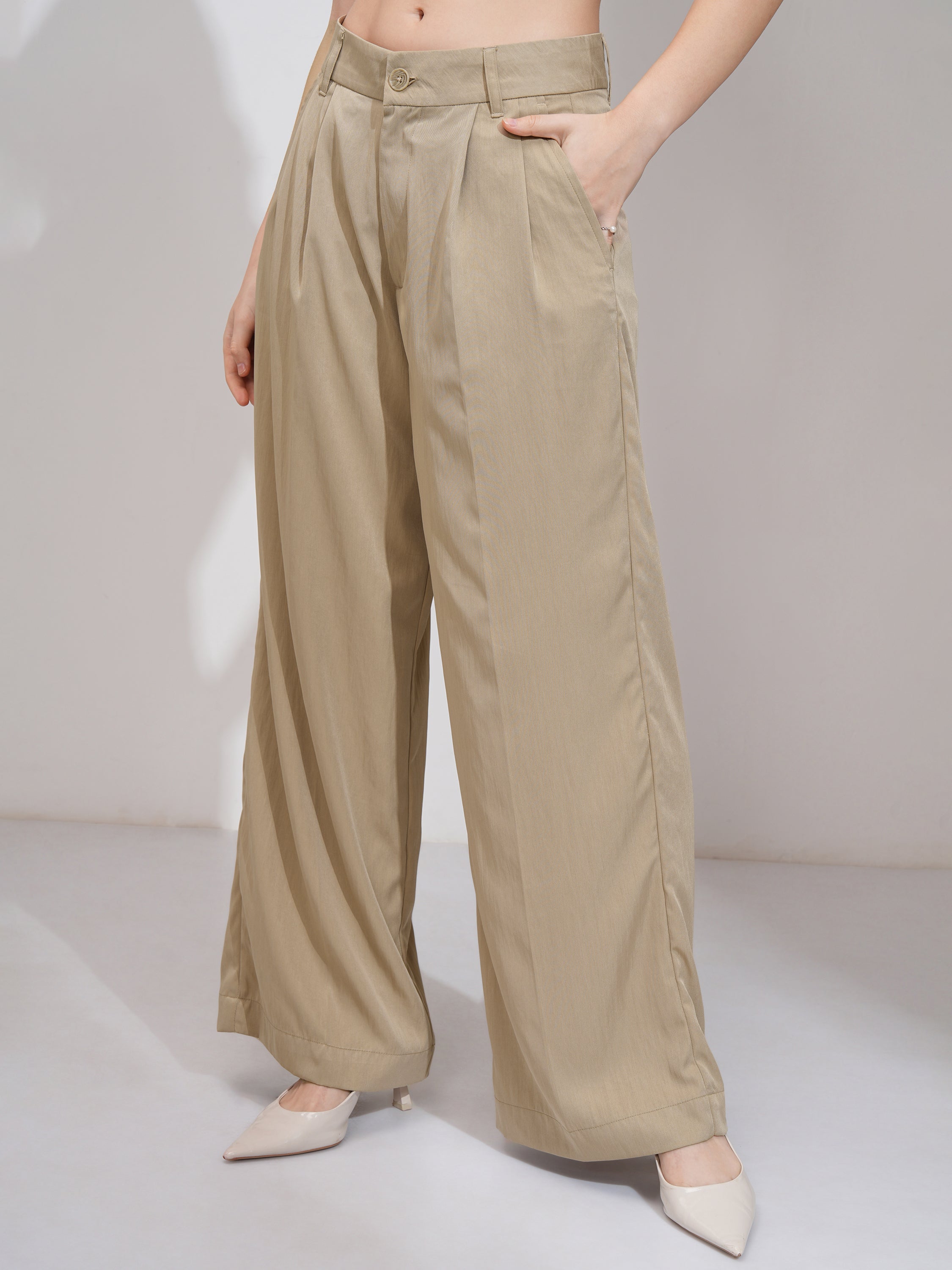 Tokyo Talkies Women Beige Solid Flared Casual Trouser - Beige - Image 4