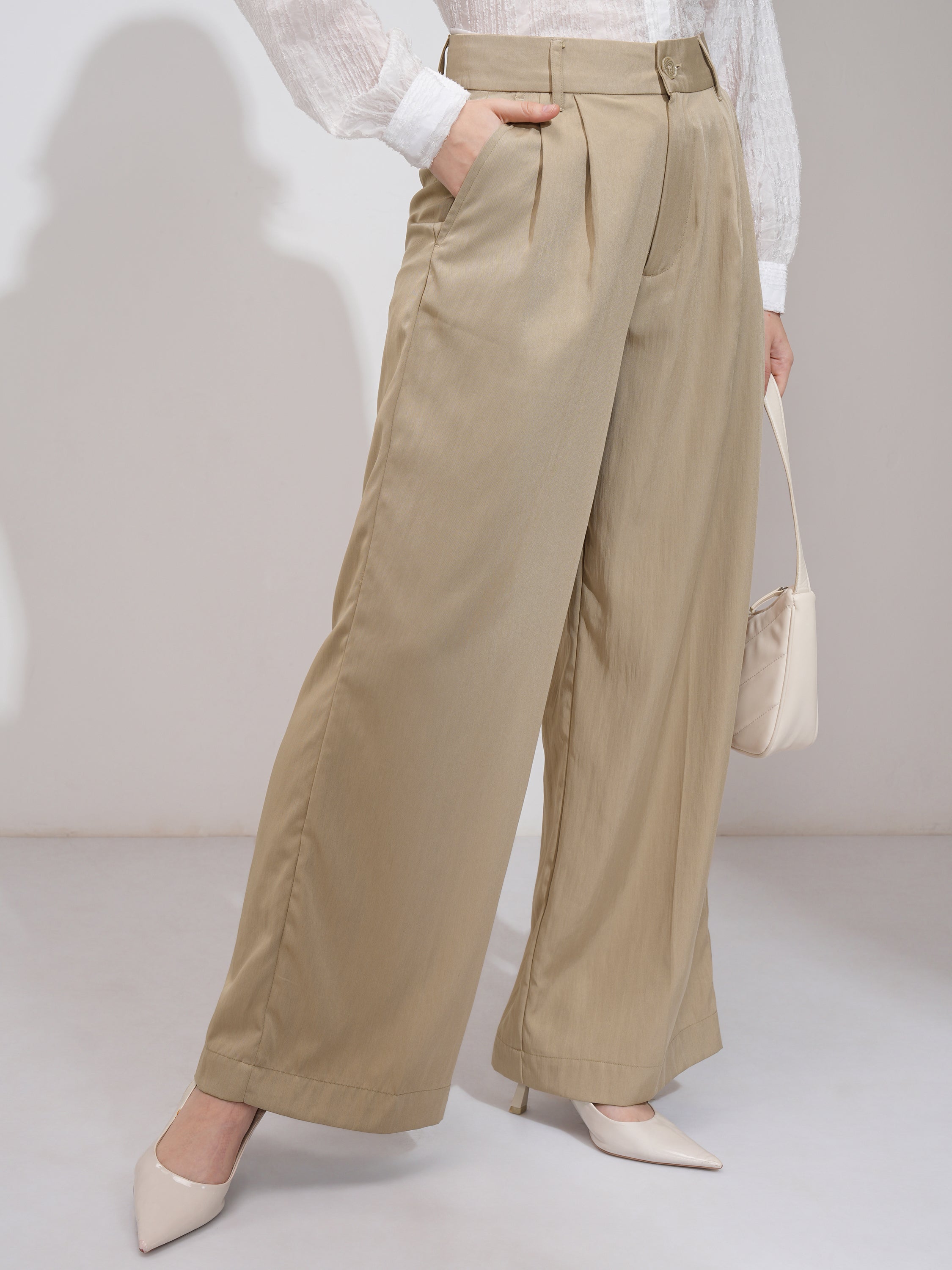 Tokyo Talkies Women Beige Solid Flared Casual Trouser - Beige - Image 6