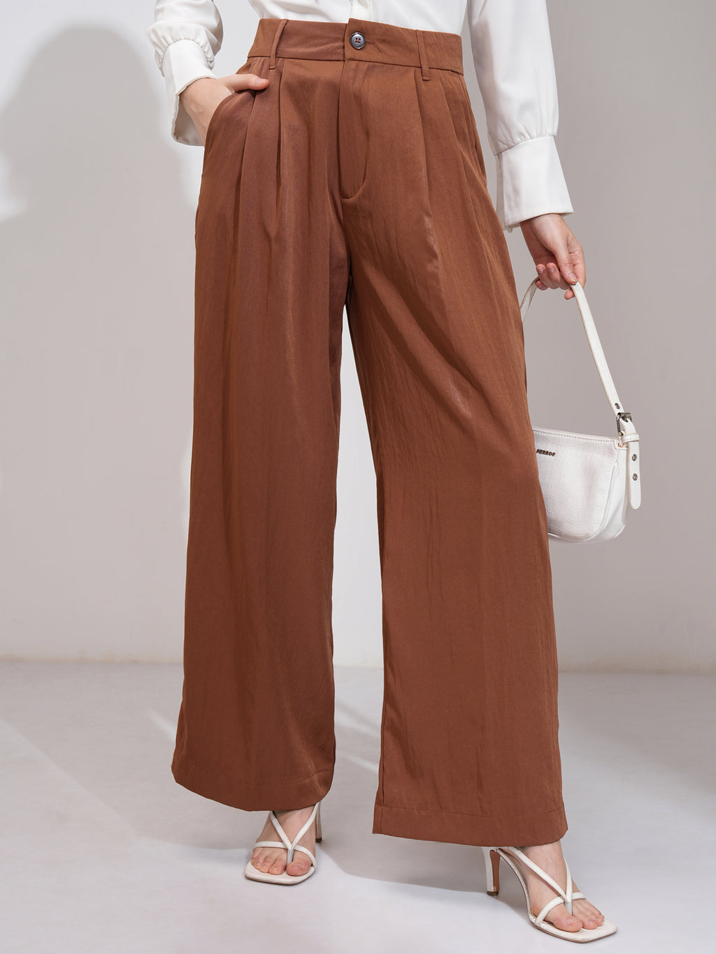 Tokyo Talkies Women Rust Solid Flared Casual Trouser - Rust - Image 1