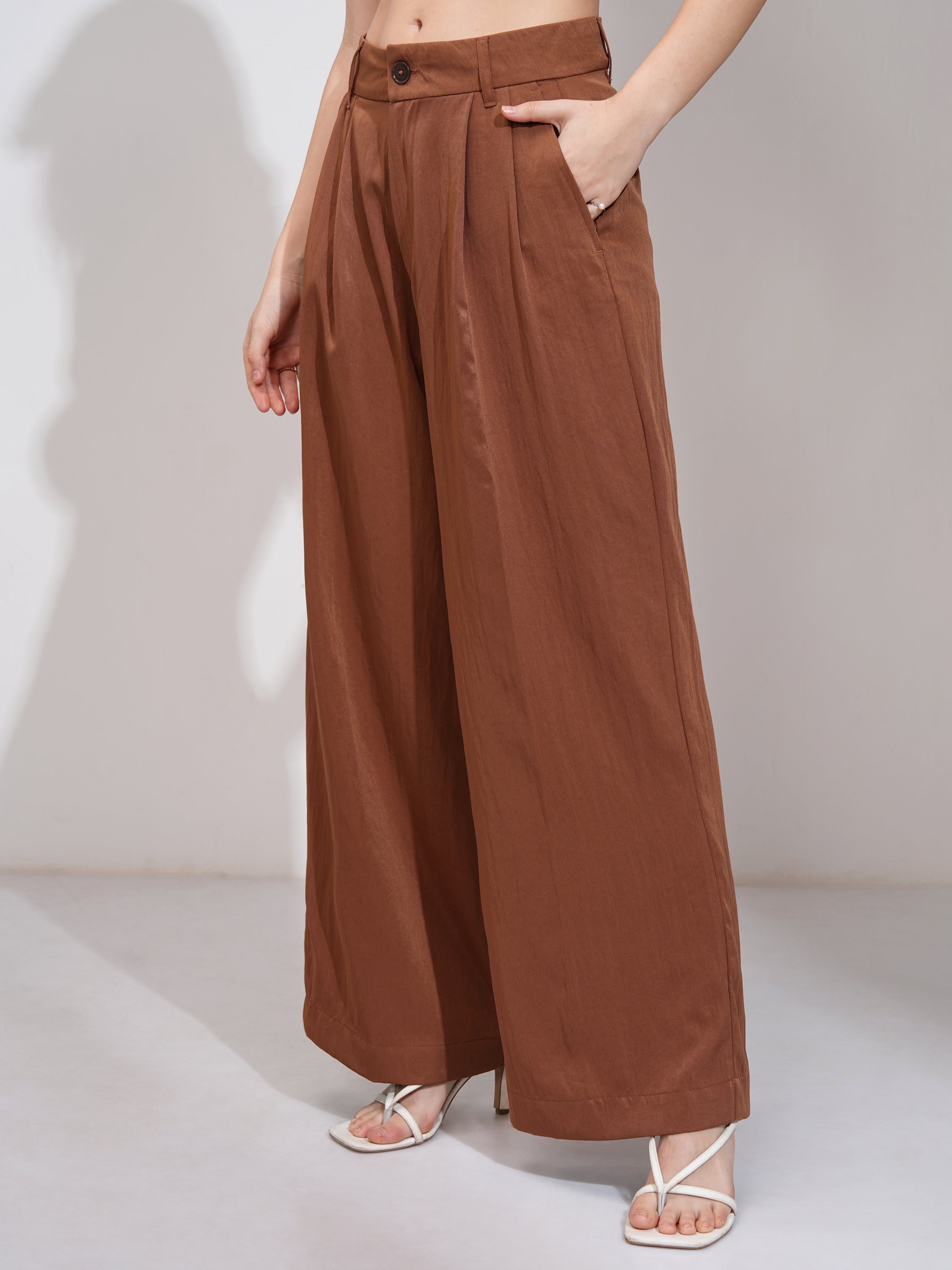 Tokyo Talkies Women Rust Solid Flared Casual Trouser - Rust - Image 4
