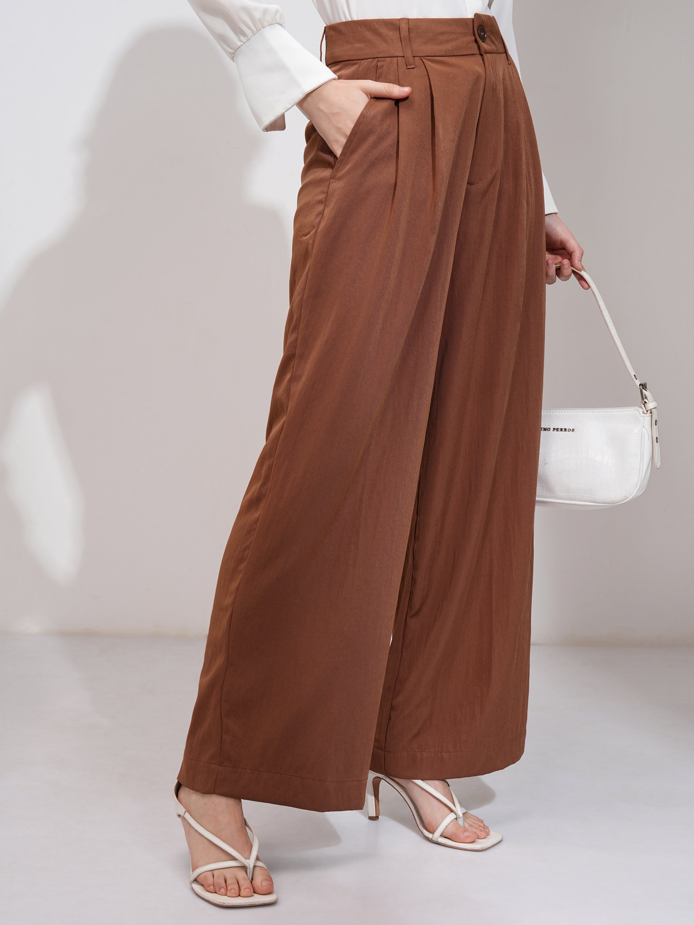 Tokyo Talkies Women Rust Solid Flared Casual Trouser - Rust - Image 6