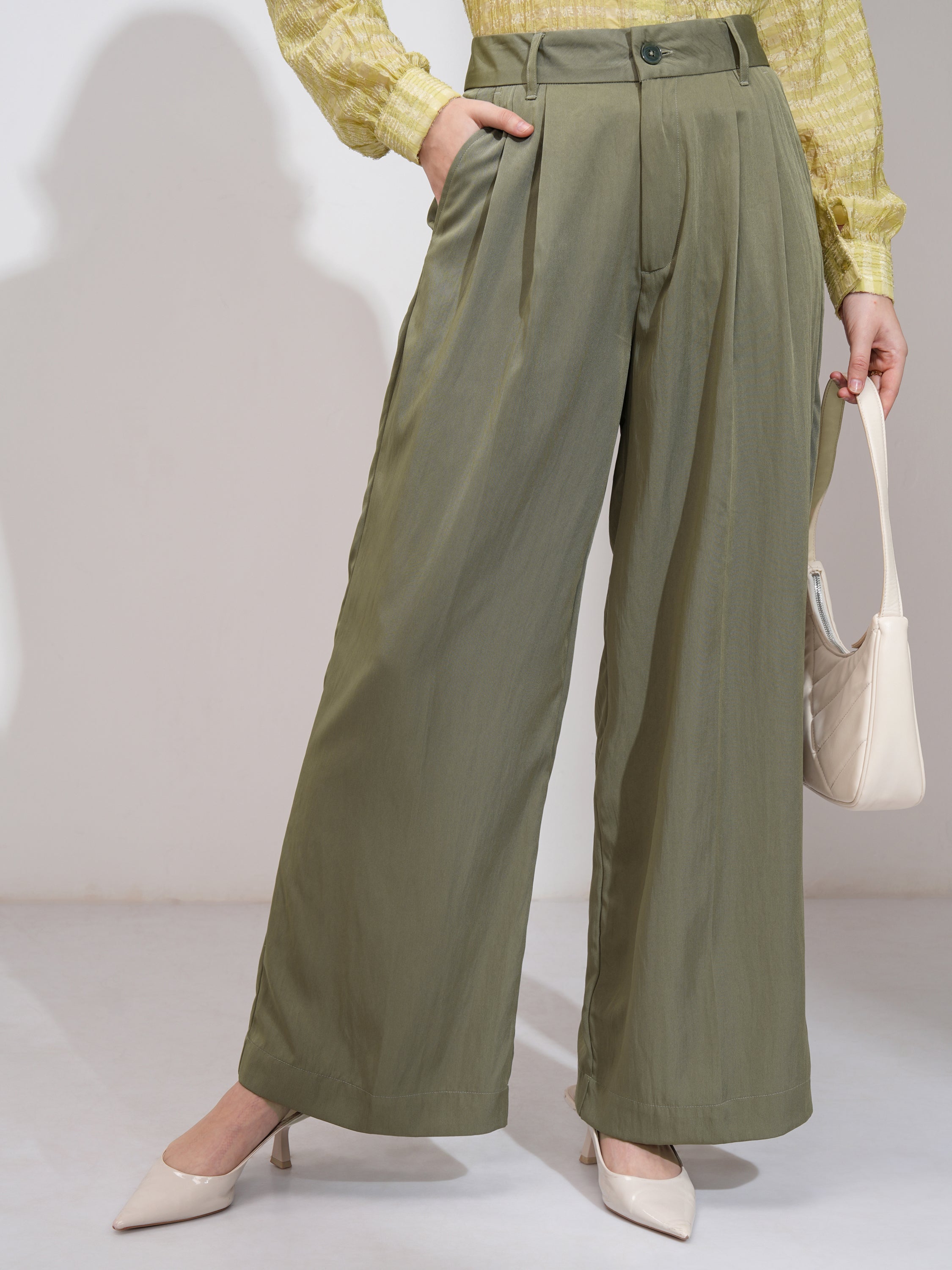 Tokyo Talkies Women Olive Solid Flared Casual Trouser - Olive - Image 1