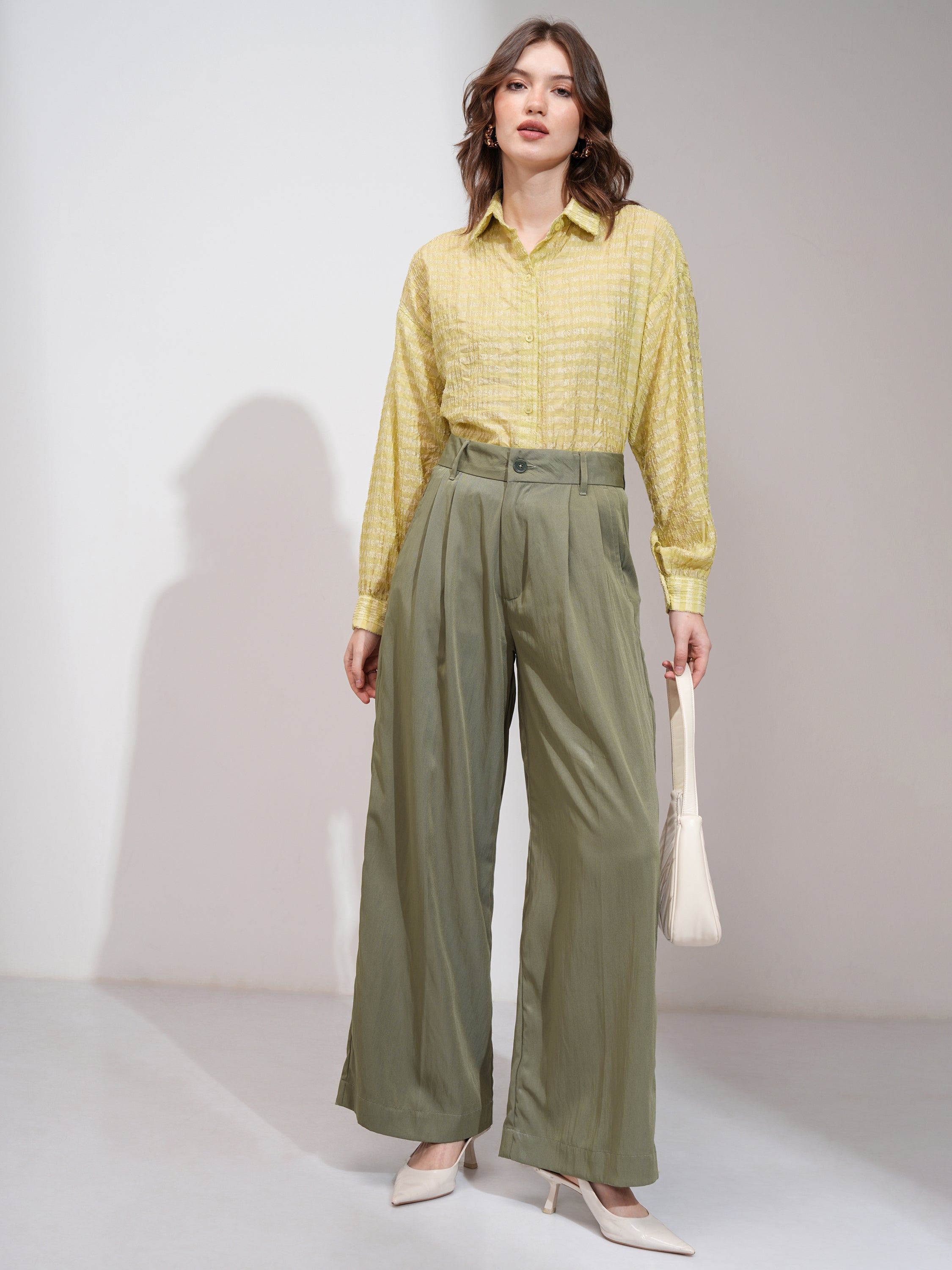 Tokyo Talkies Women Olive Solid Flared Casual Trouser - Olive - Image 2