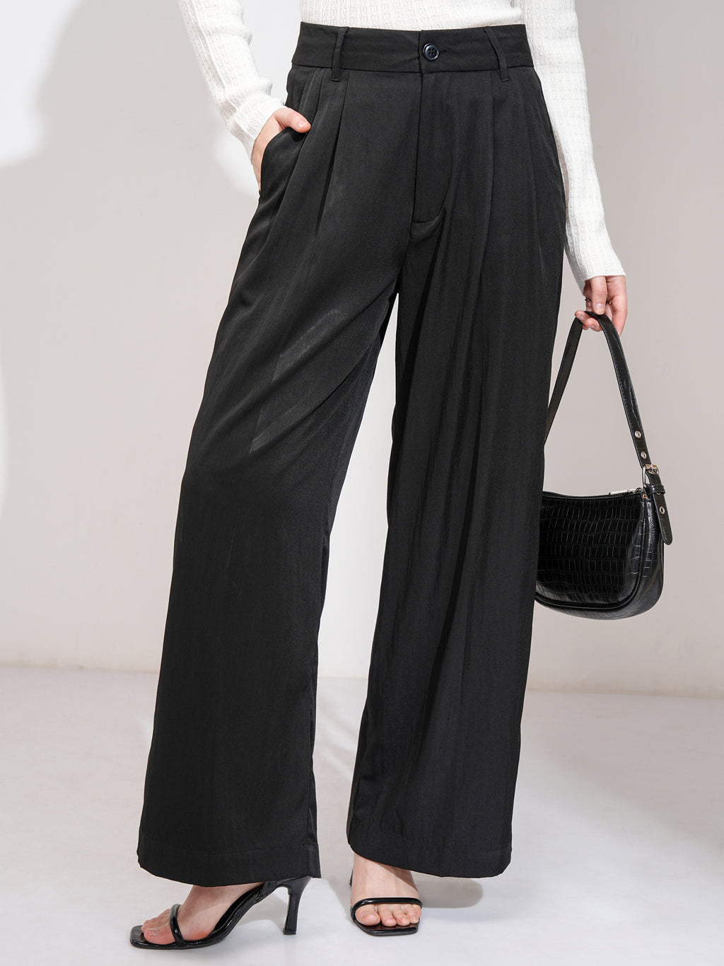 Tokyo Talkies Women Black Solid Wide Leg Casual Trouser - Black - Image 1