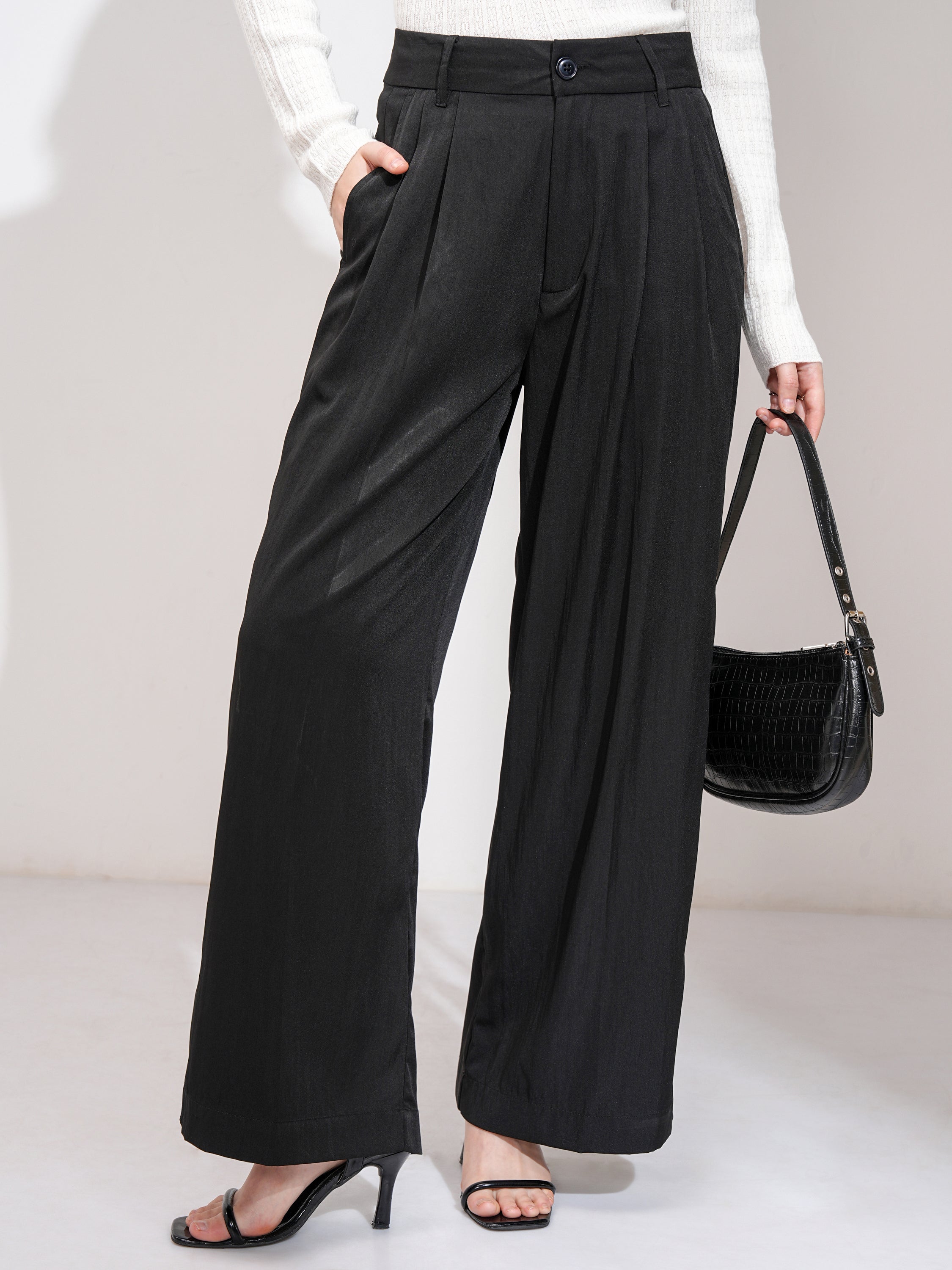 Tokyo Talkies Women Black Solid Wide Leg Casual Trouser - Black - Image 1