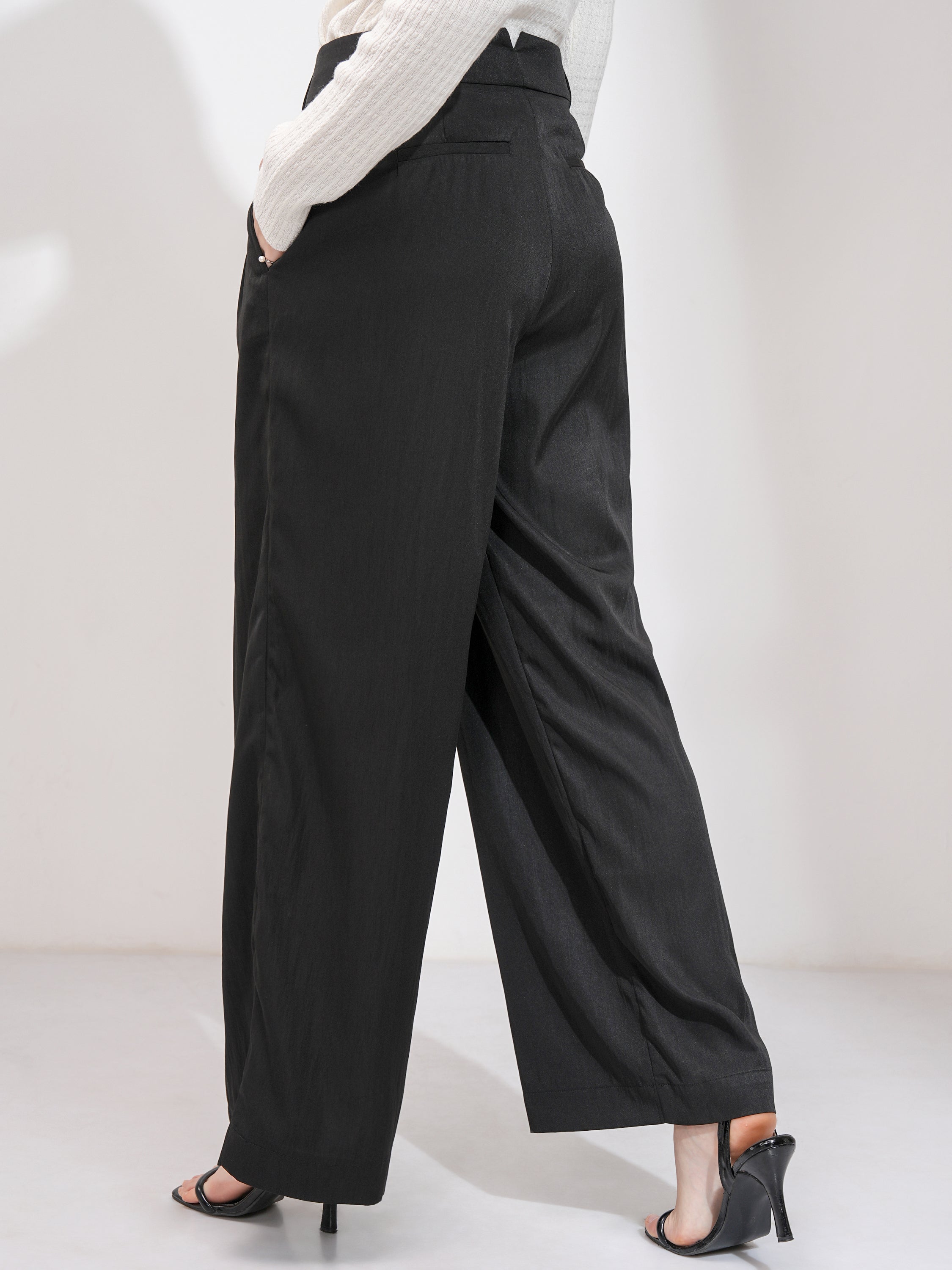 Tokyo Talkies Women Black Solid Wide Leg Casual Trouser - Black - Image 3