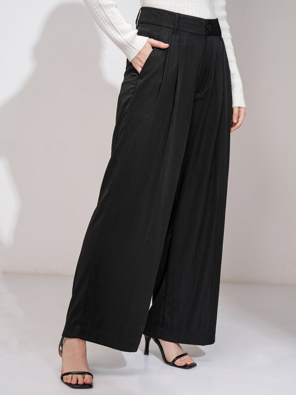 Tokyo Talkies Women Black Solid Wide Leg Casual Trouser - Black - Image 6