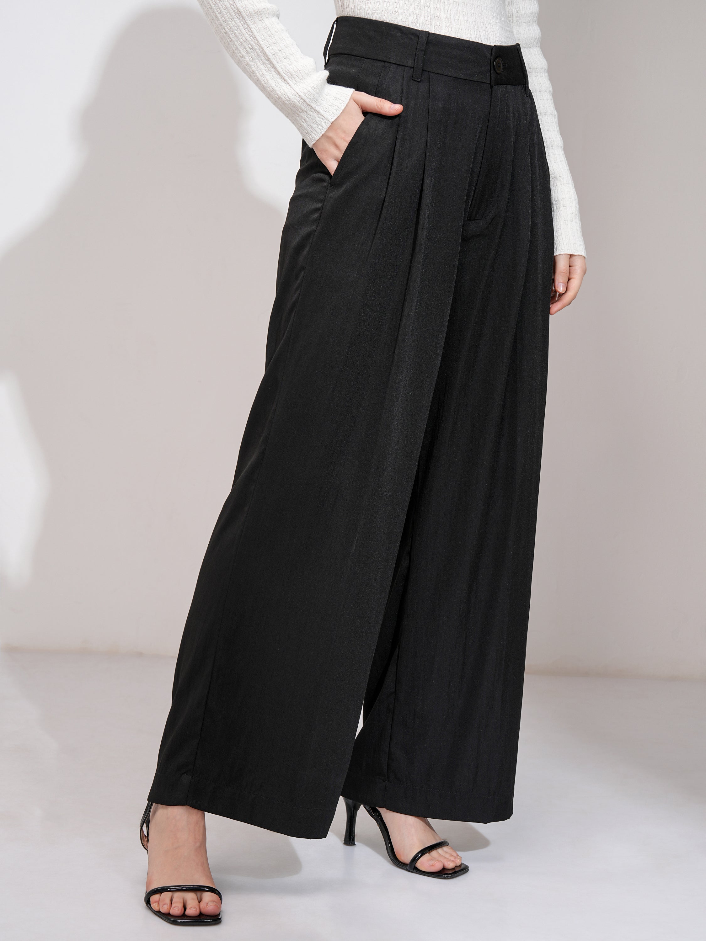 Tokyo Talkies Women Black Solid Wide Leg Casual Trouser - Black - Image 6