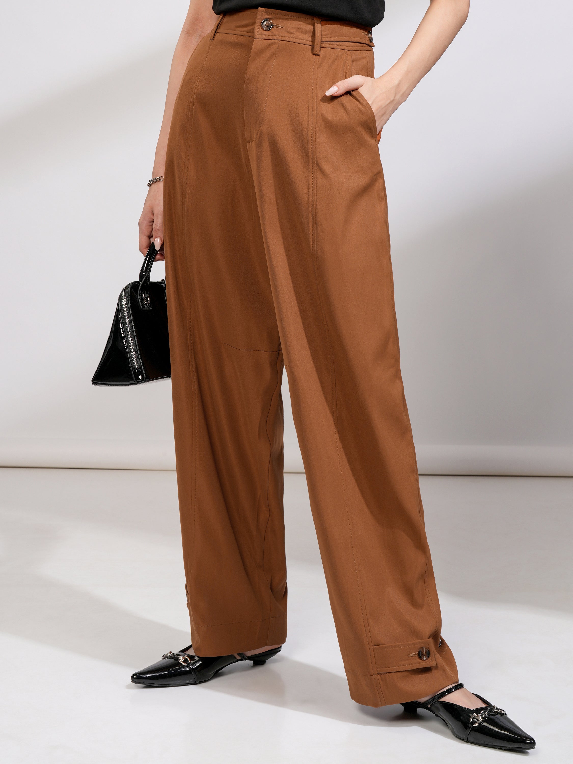 Tokyo Talkies Women Tan Solid Regular Fit Casual Trouser - Tan - Image 1