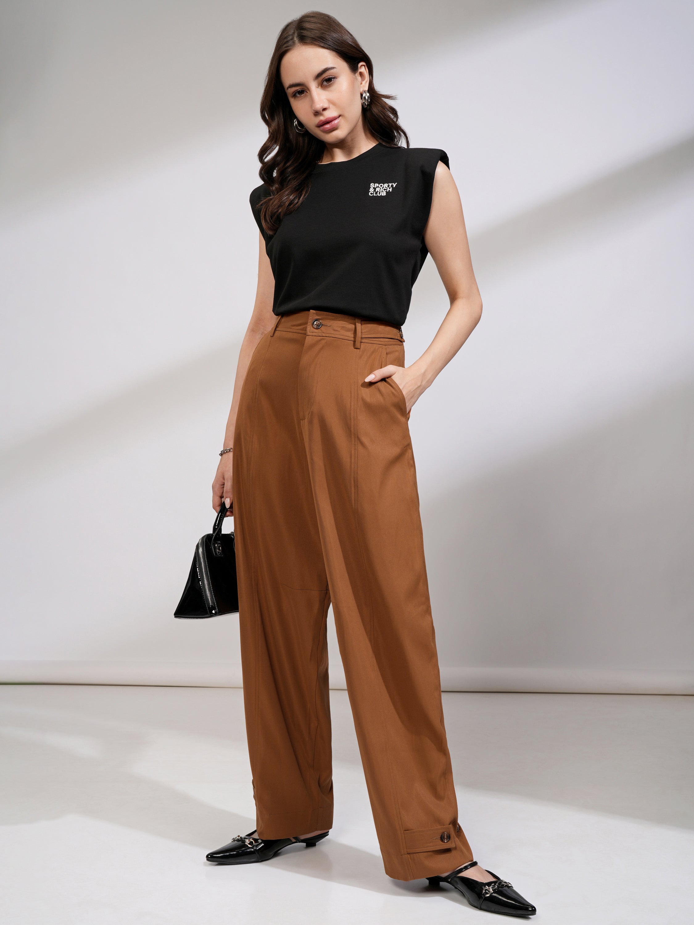 Tokyo Talkies Women Tan Solid Regular Fit Casual Trouser - Tan - Image 2