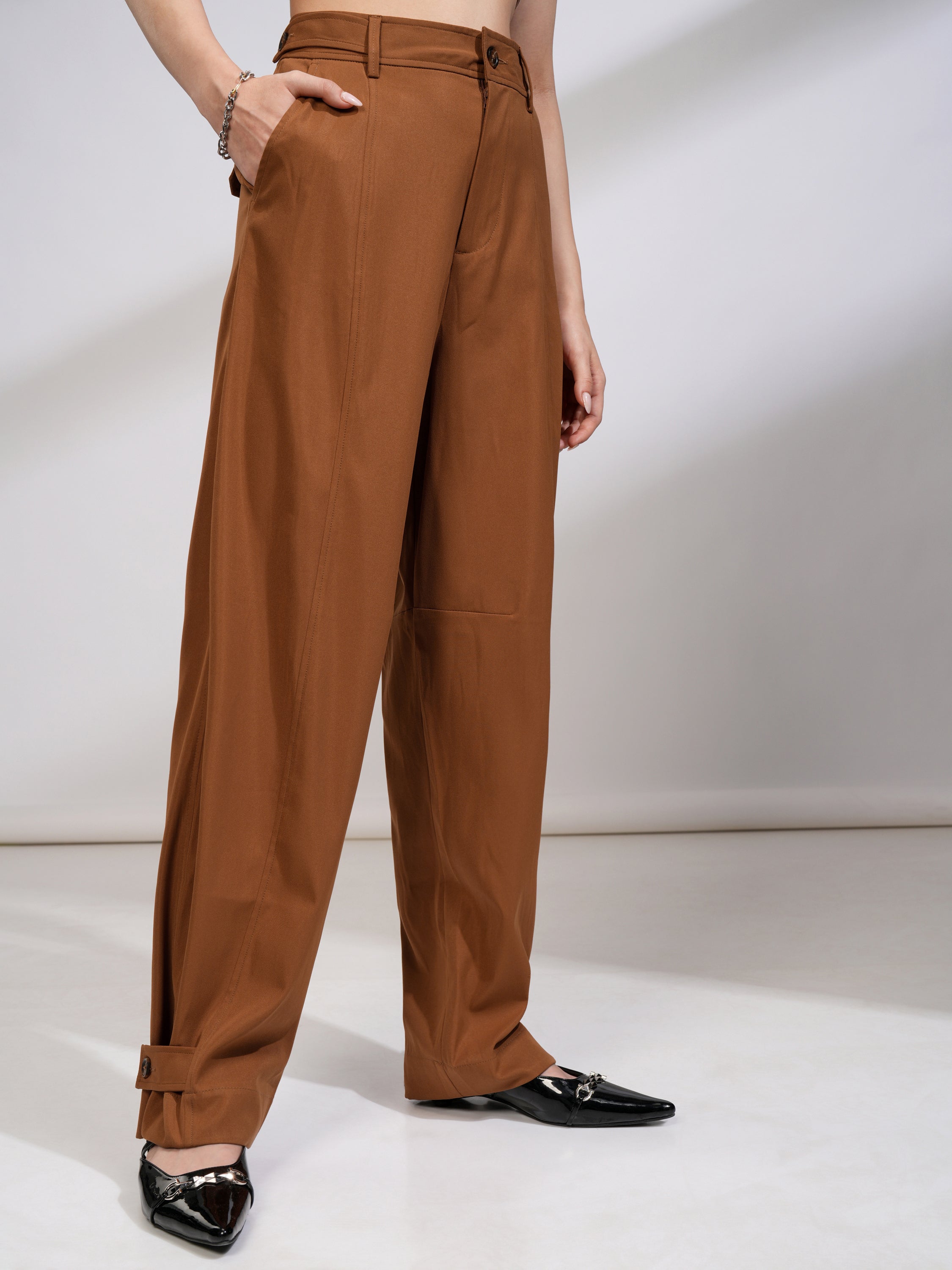 Tokyo Talkies Women Tan Solid Regular Fit Casual Trouser - Tan - Image 6