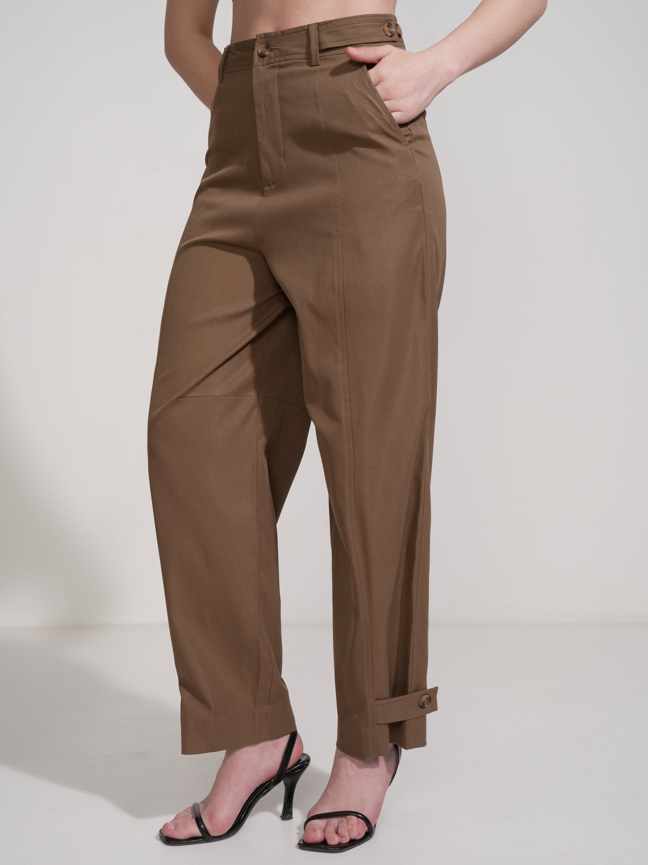 Tokyo Talkies Women Brown Solid Regular Fit Casual Trouser - Brown - Image 4