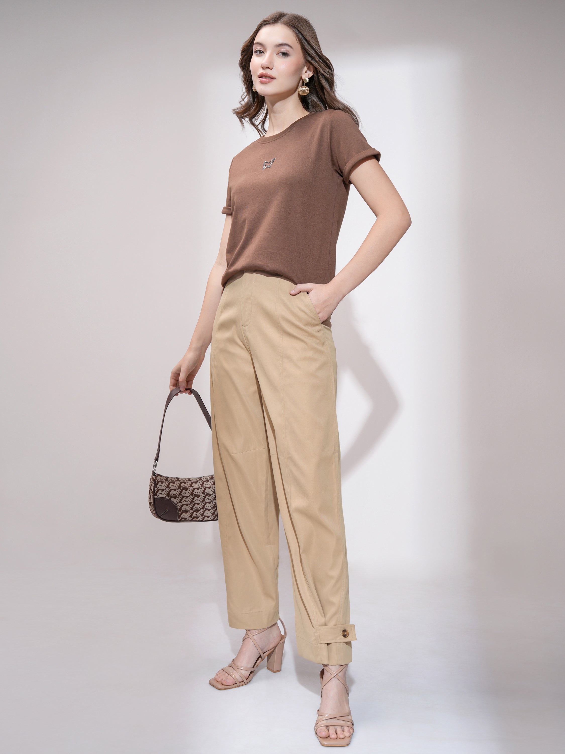 Tokyo Talkies Women Brown Solid Straight Fit Casual Trouser - Brown - Image 2
