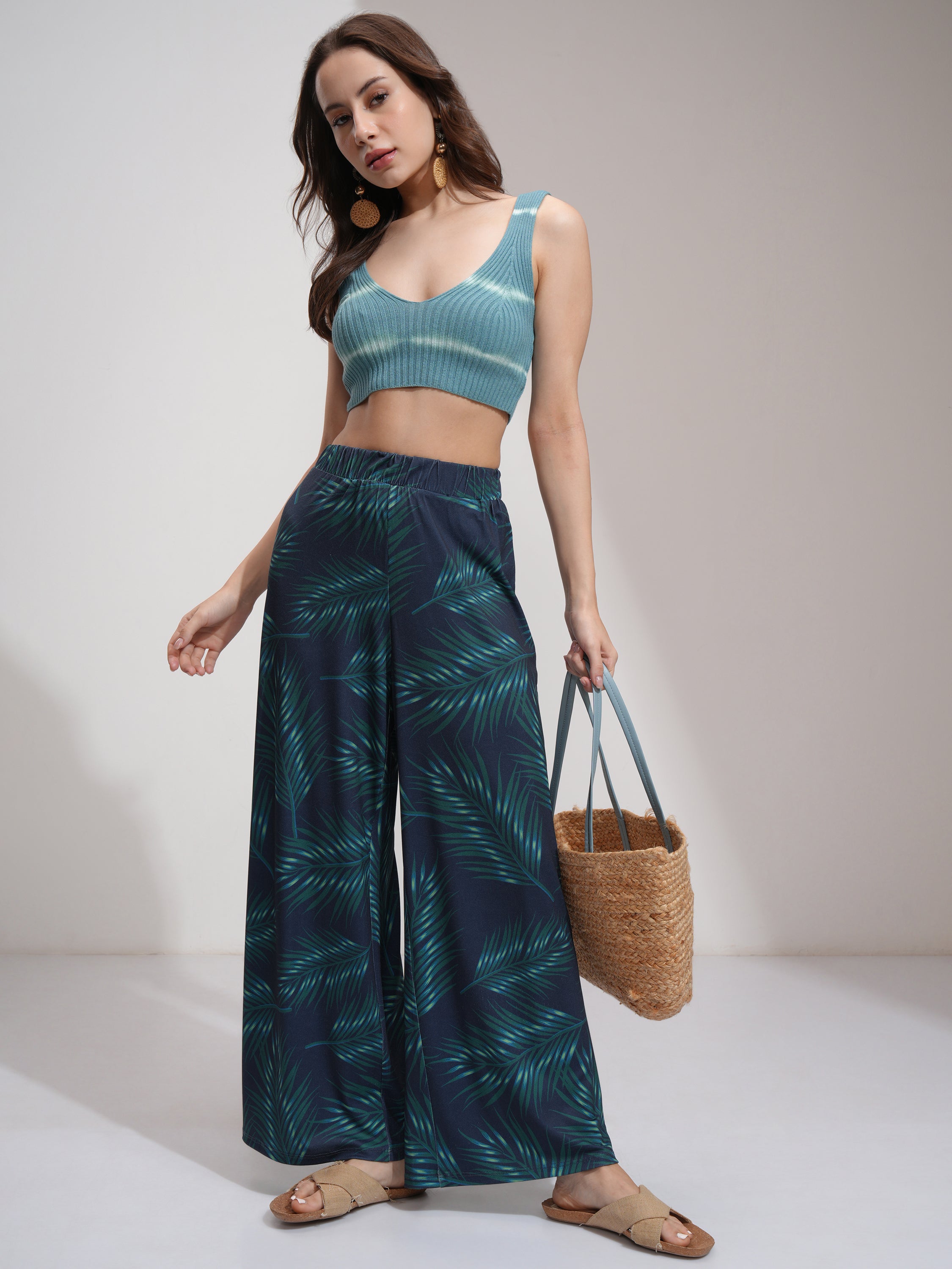 Tokyo Talkies Women Blue Printed Flared Casual Trousers - Blue - Image 2