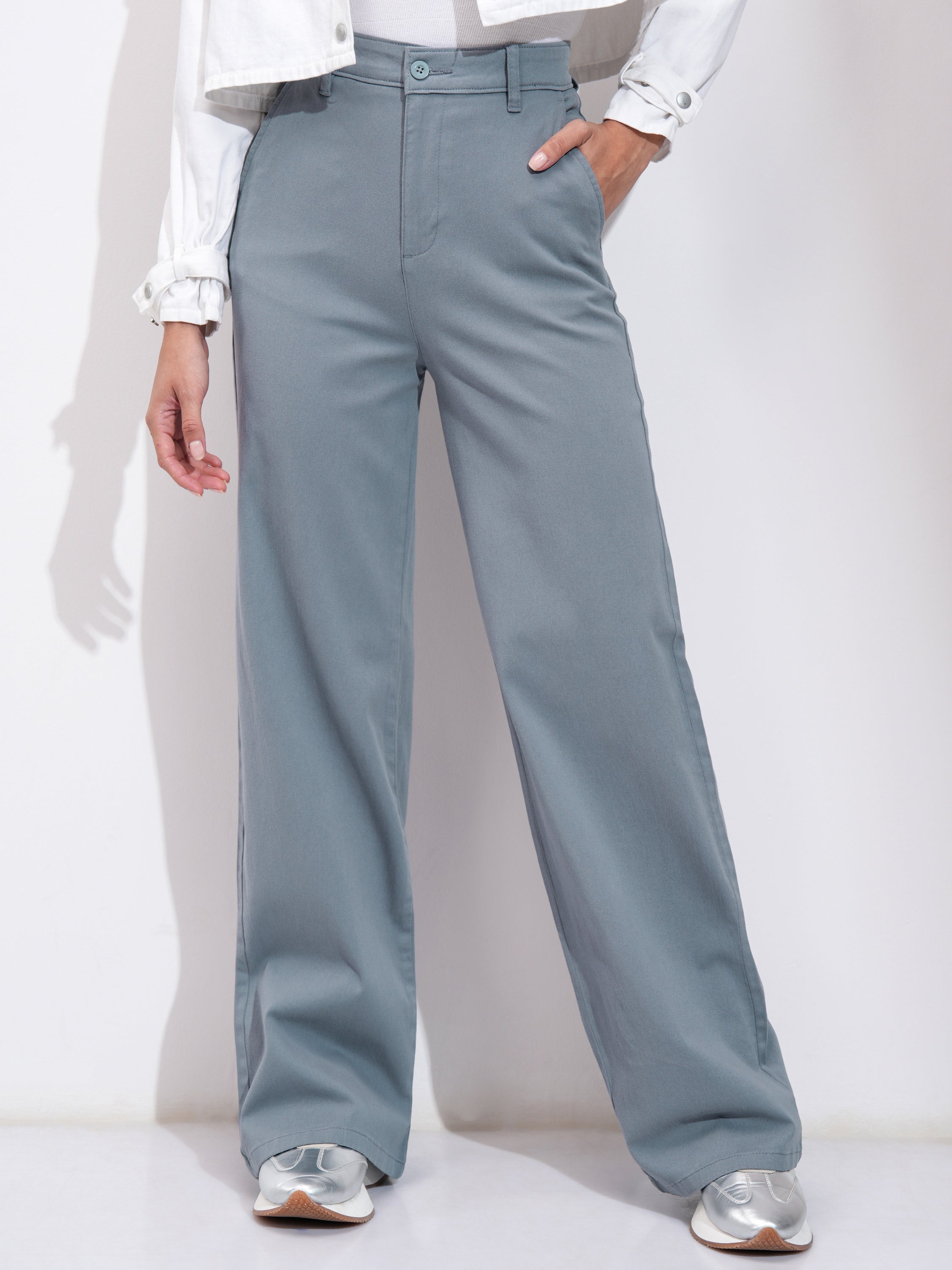 Tokyo Talkies Women Blue Solid Flared Casual Trouser - Blue - Image 1