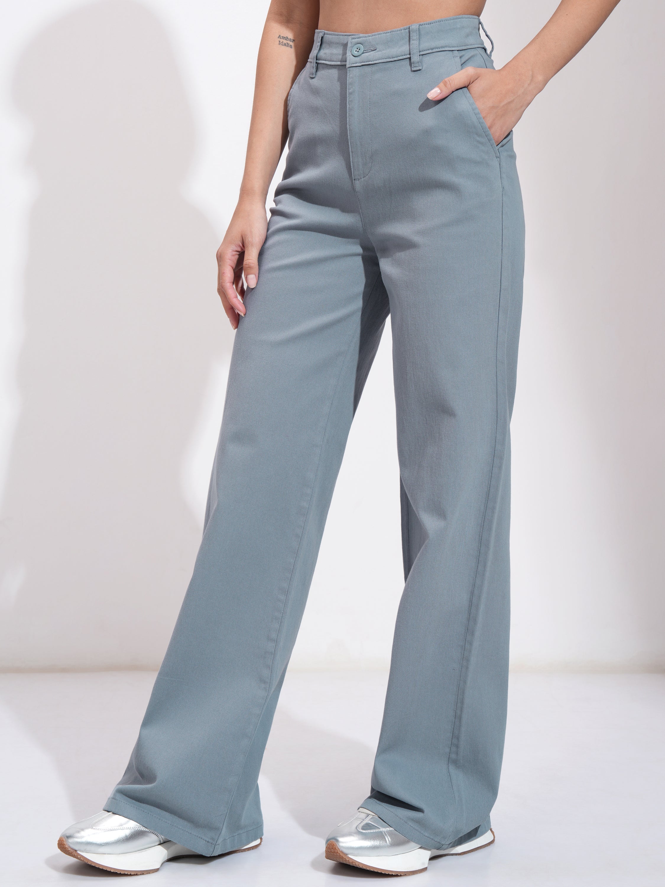 Tokyo Talkies Women Blue Solid Flared Casual Trouser - Blue - Image 4
