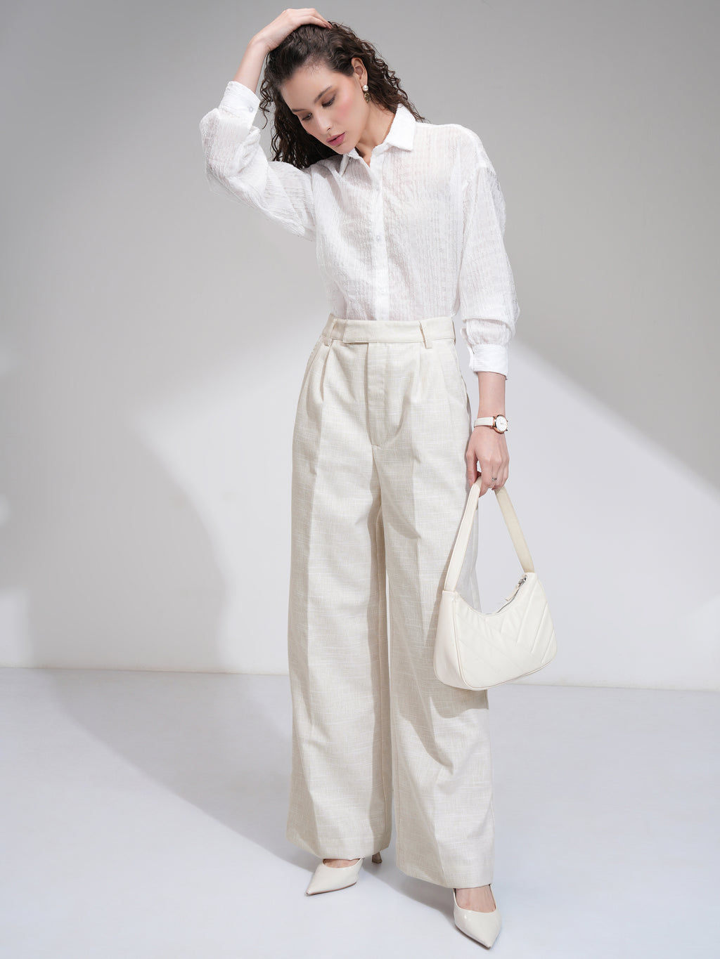 Tokyo Talkies Women Beige Solid Flared Casual Trouser - Beige - Image 2