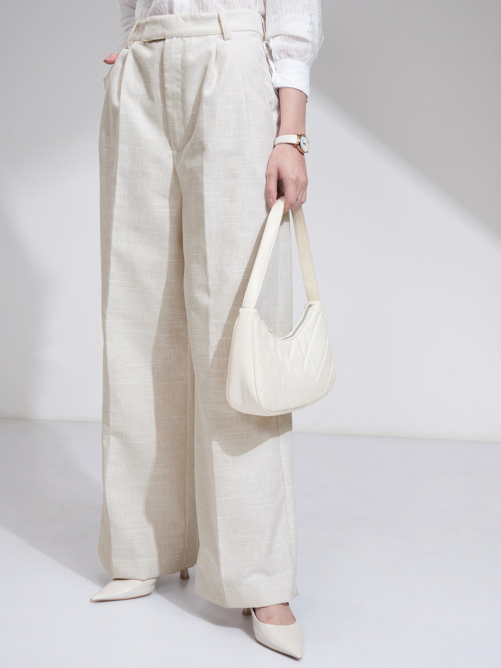 Tokyo Talkies Women Beige Solid Flared Casual Trouser - Beige - Image 4