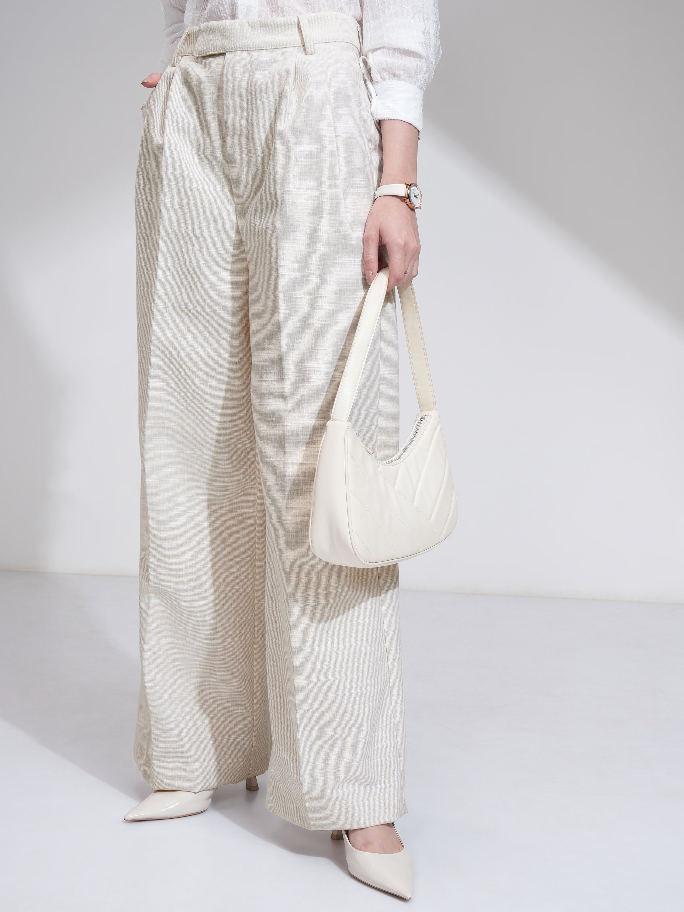Tokyo Talkies Women Beige Solid Flared Casual Trouser - Beige - Image 4