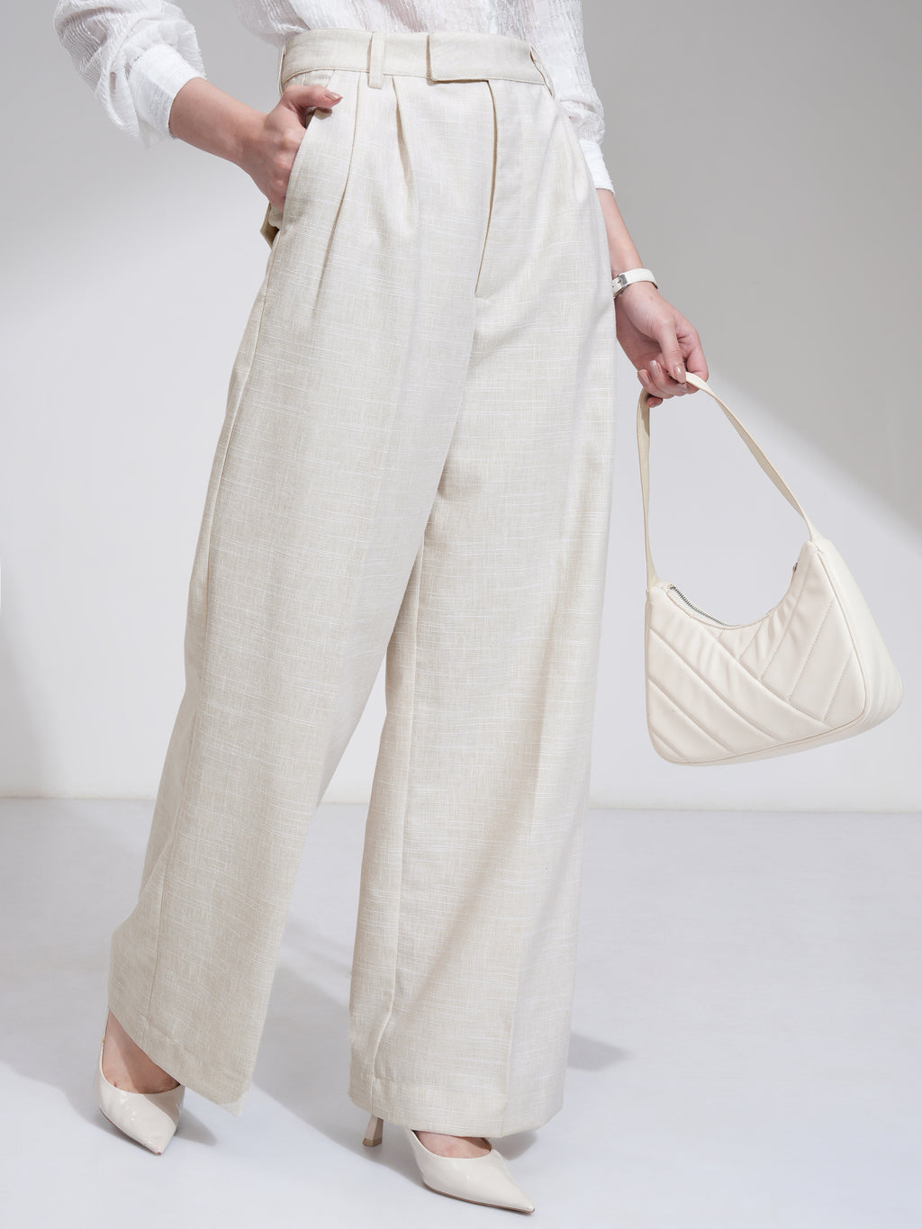 Tokyo Talkies Women Beige Solid Flared Casual Trouser - Beige - Image 6