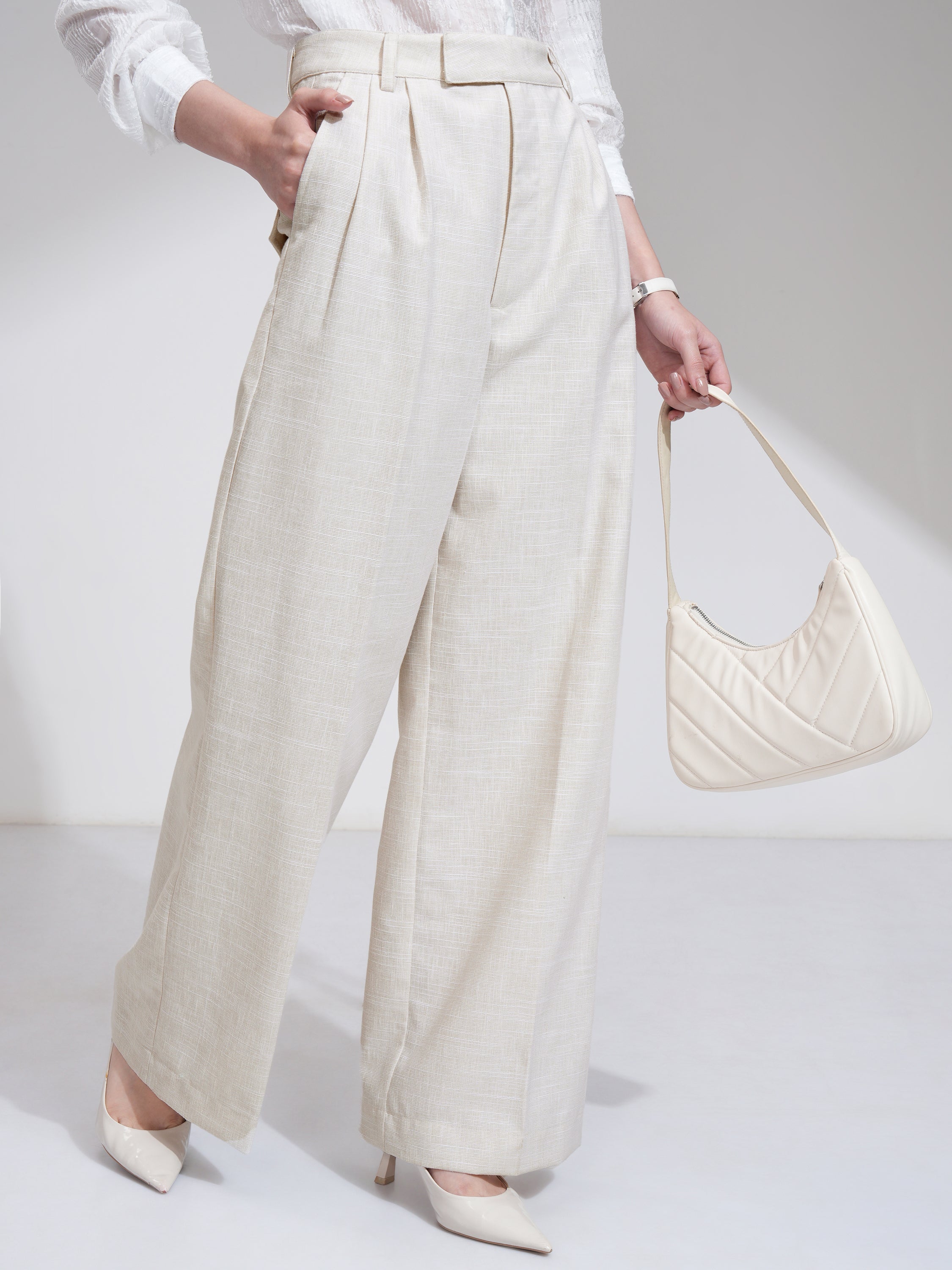 Tokyo Talkies Women Beige Solid Flared Casual Trouser - Beige - Image 6
