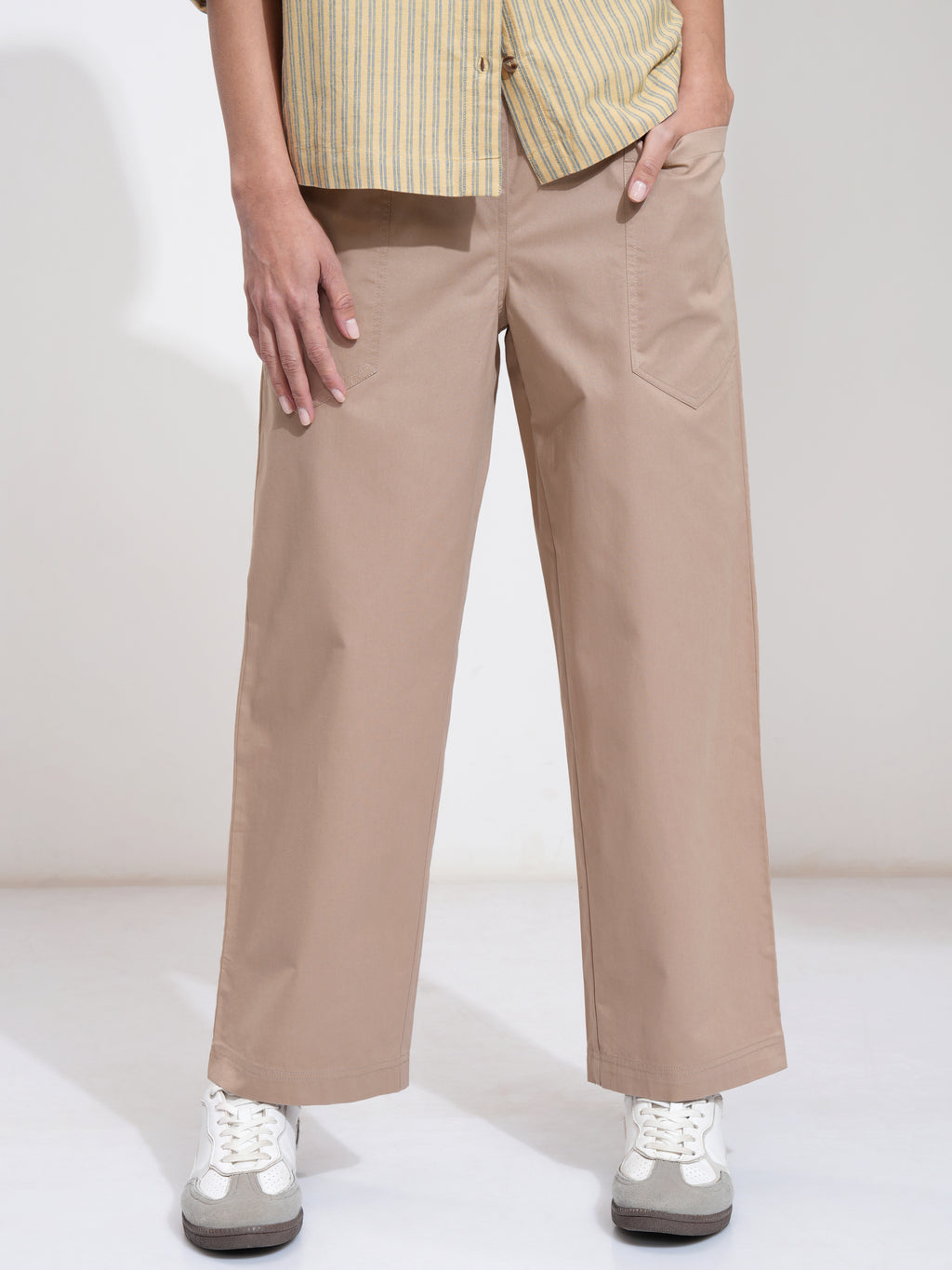 Tokyo Talkies Women Beige Solid Regular Fit Casual Trouser - Beige - Image 1