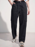 Tokyo Talkies Women Black Solid Straight Fit Cargos - Black - Image 1