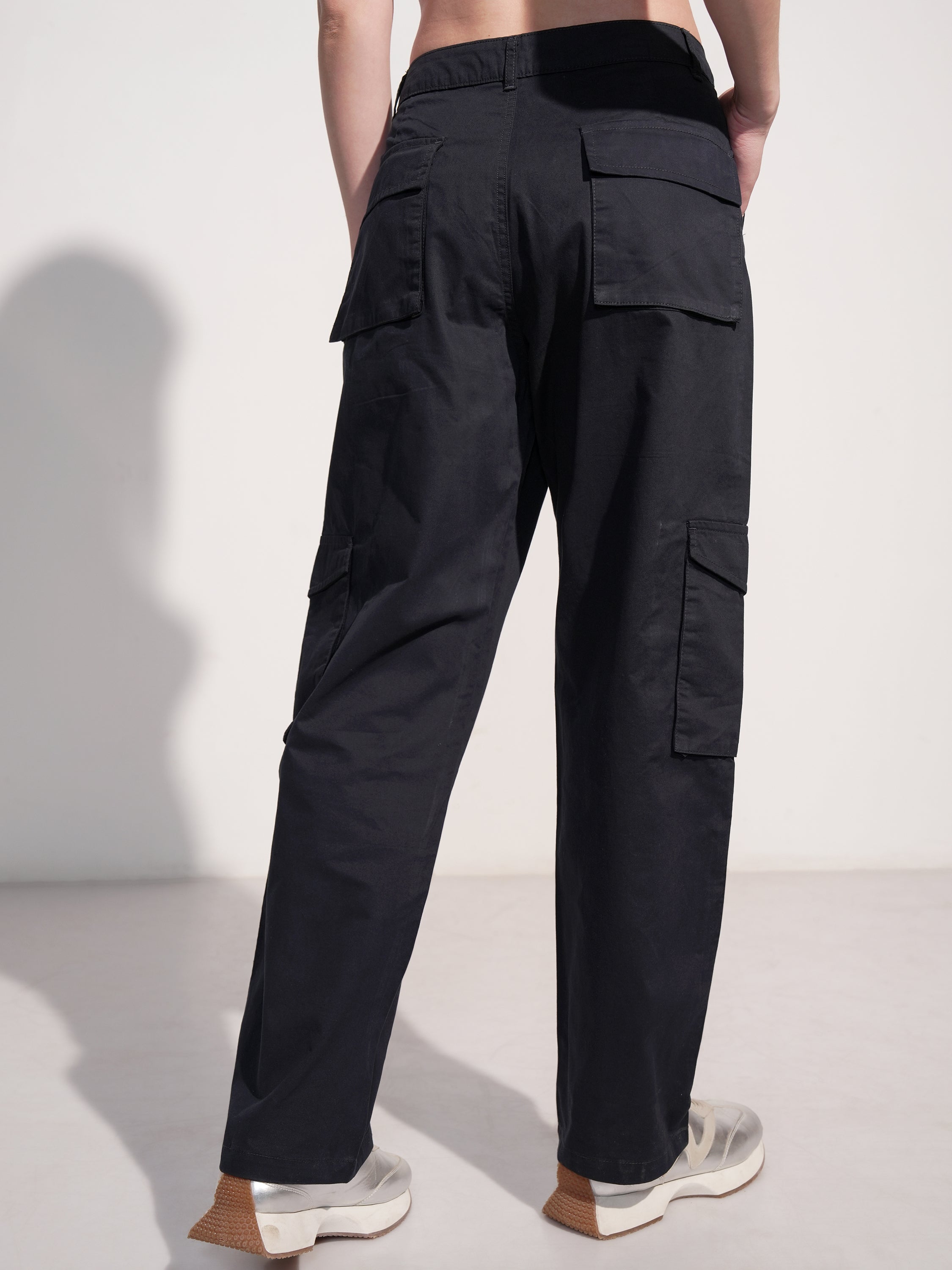 Tokyo Talkies Women Black Solid Straight Fit Cargos - Black - Image 3