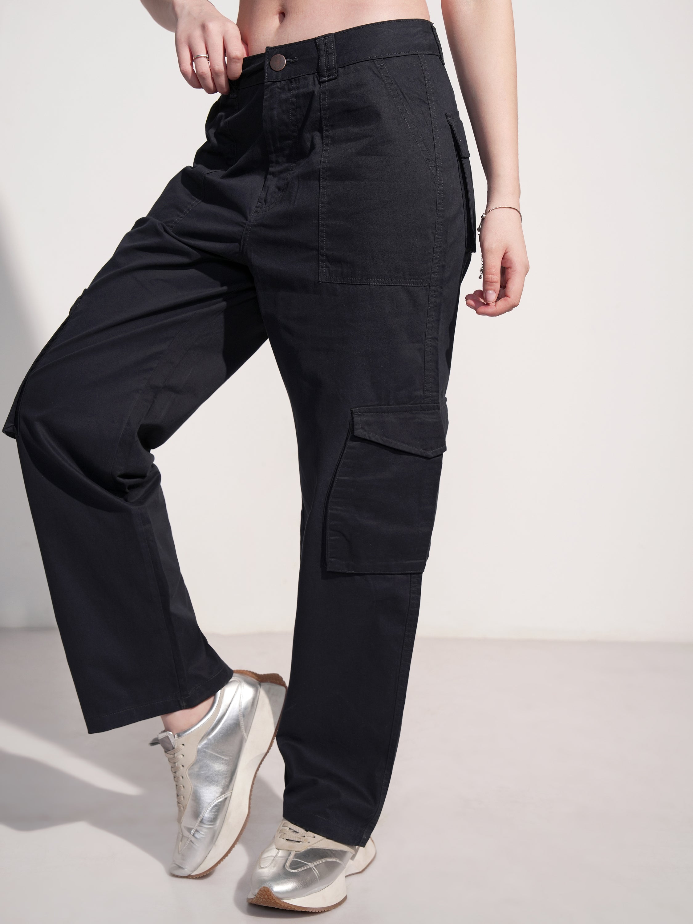 Tokyo Talkies Women Black Solid Straight Fit Cargos - Black - Image 4