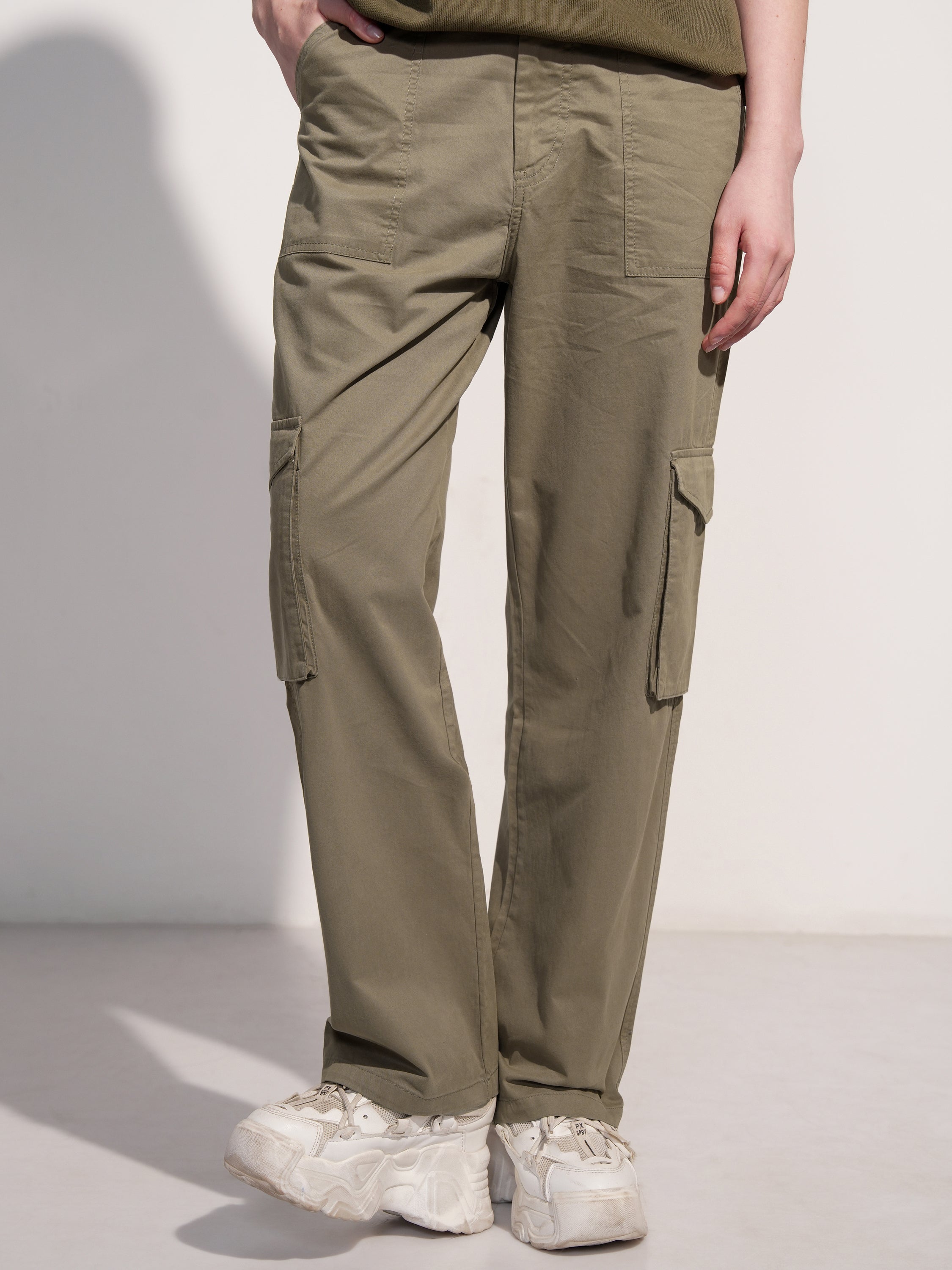Tokyo Talkies Women Olive Solid Straight Fit Cargos - Olive - Image 1