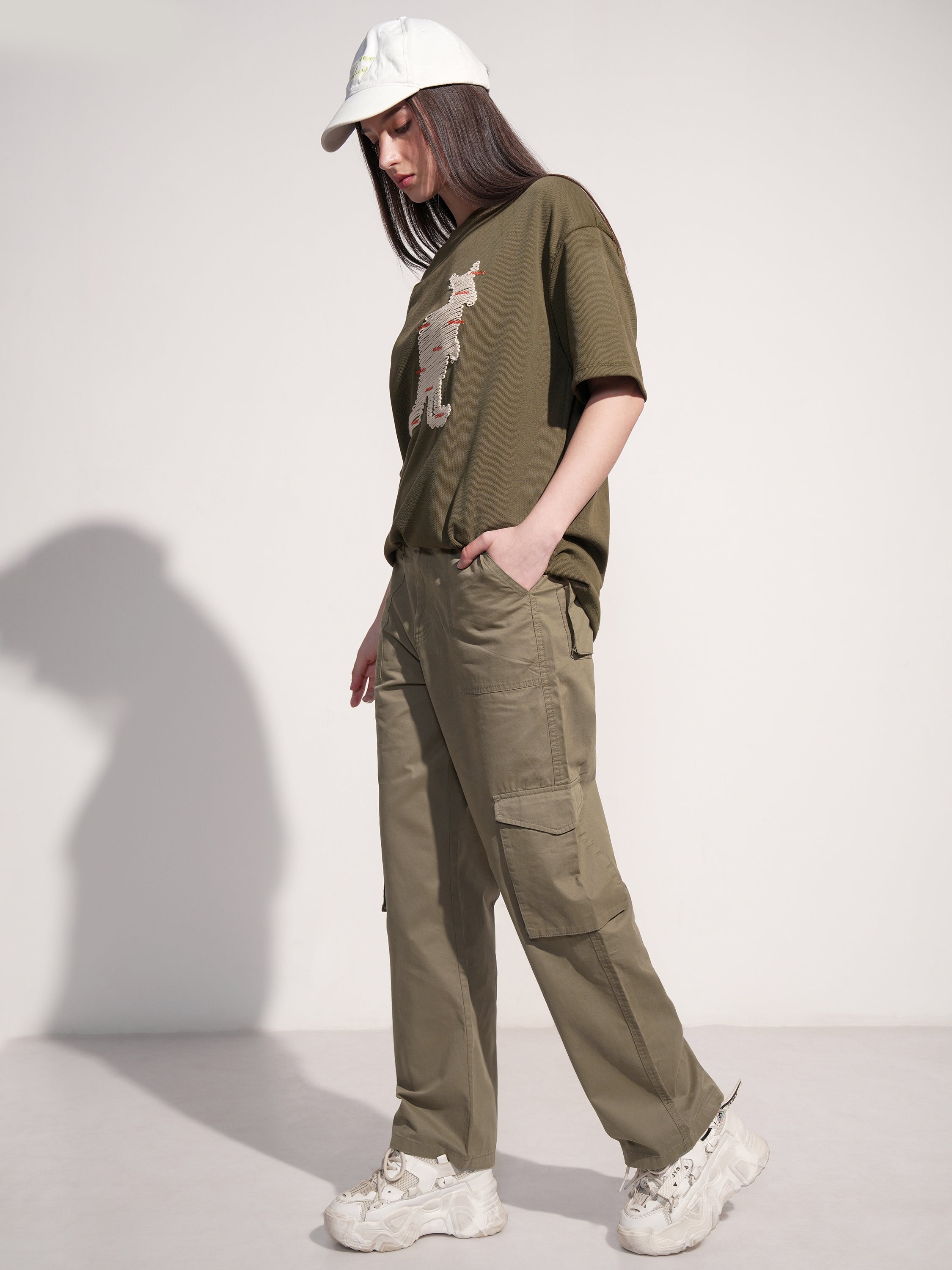 Tokyo Talkies Women Olive Solid Straight Fit Cargos - Olive - Image 2