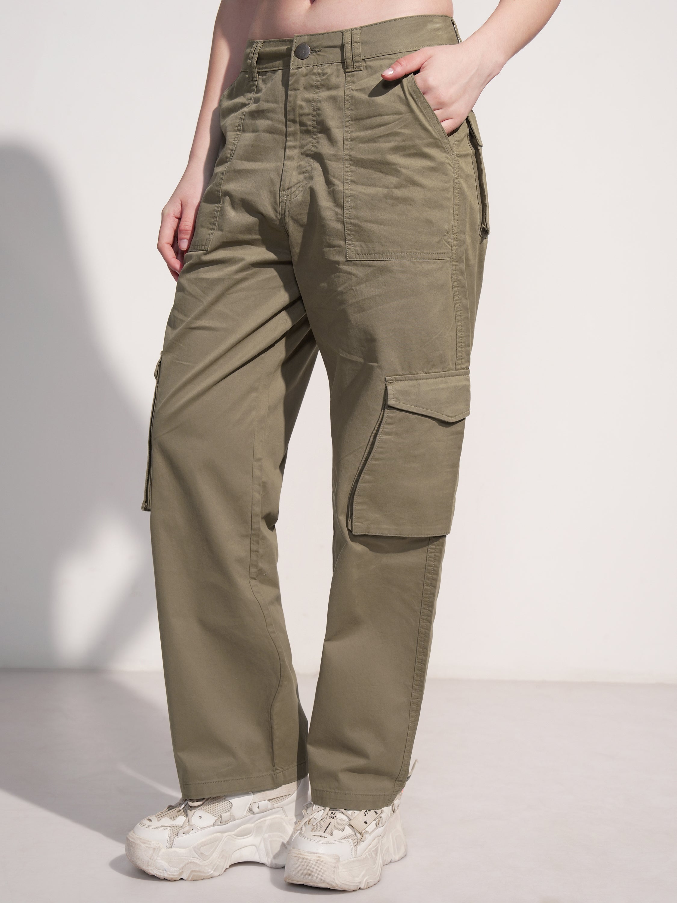 Tokyo Talkies Women Olive Solid Straight Fit Cargos - Olive - Image 4