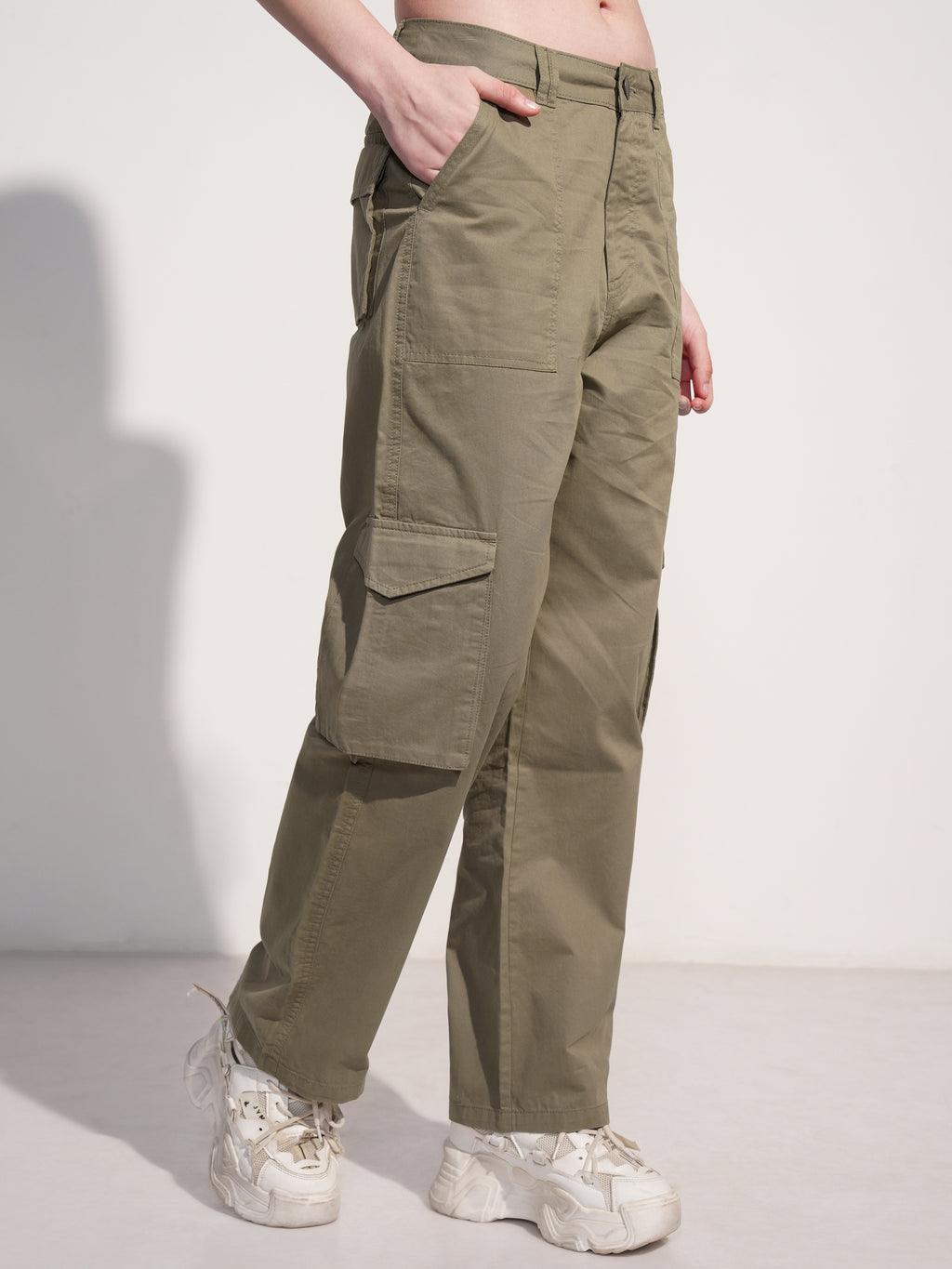 Tokyo Talkies Women Olive Solid Straight Fit Cargos - Olive - Image 6