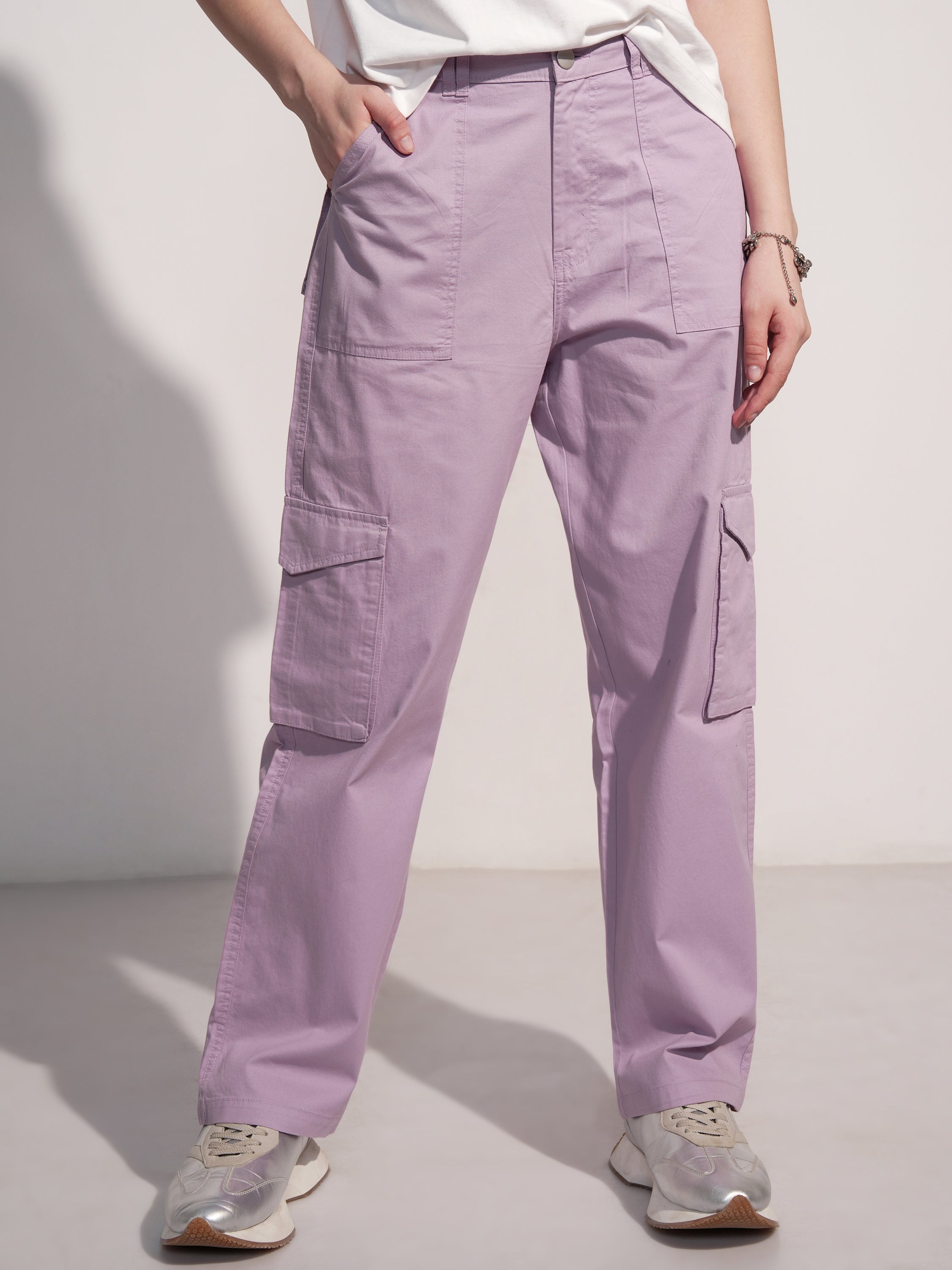 Tokyo Talkies Women Purple Solid Straight Fit Cargos - Purple - Image 1