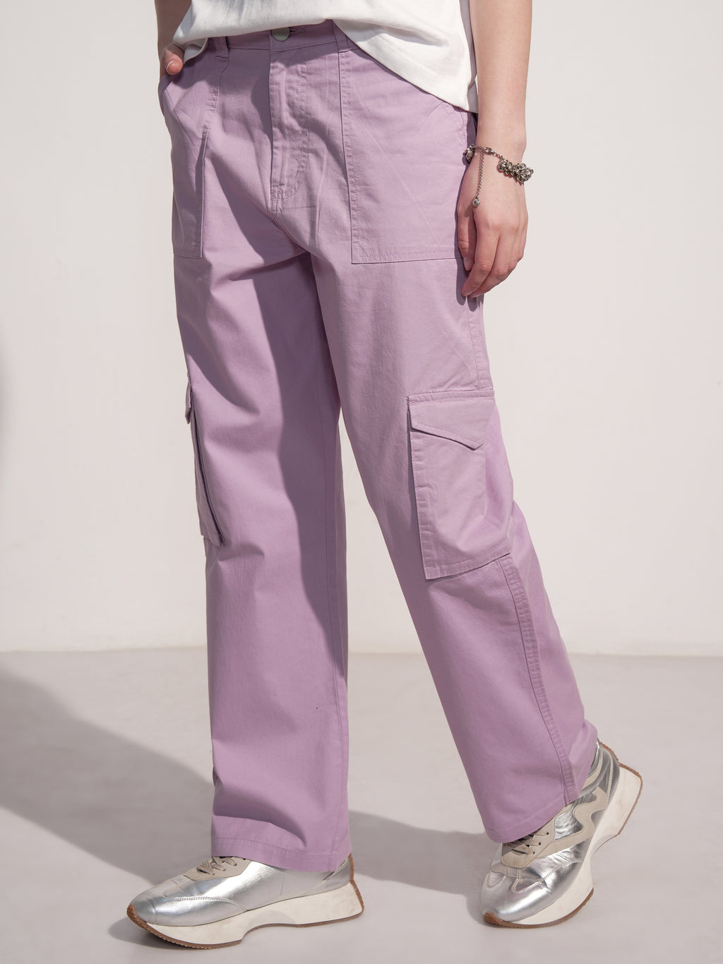 Tokyo Talkies Women Purple Solid Straight Fit Cargos - Purple - Image 4
