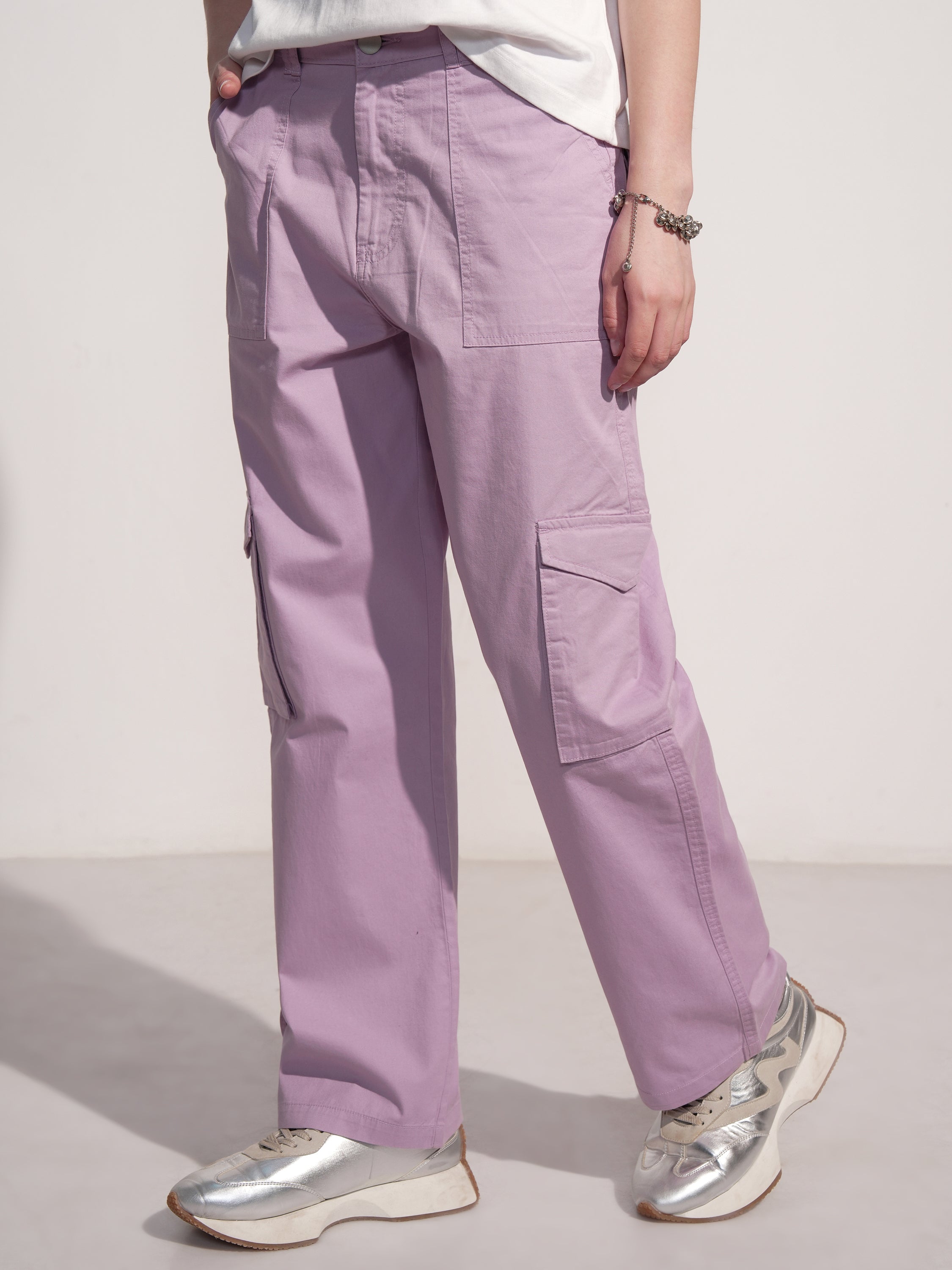 Tokyo Talkies Women Purple Solid Straight Fit Cargos - Purple - Image 4