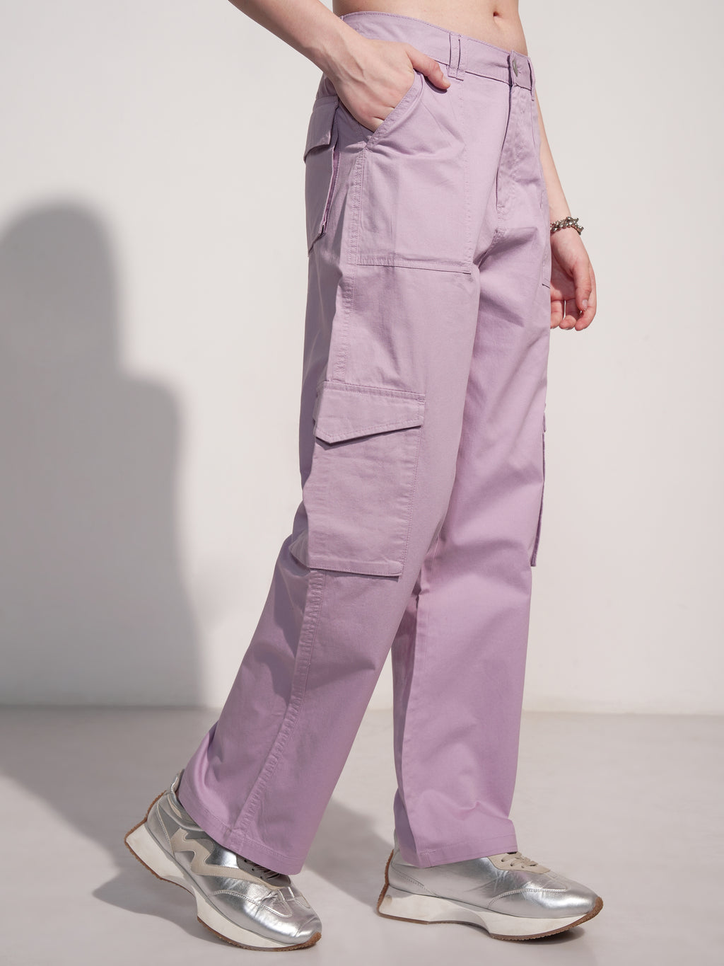 Tokyo Talkies Women Purple Solid Straight Fit Cargos - Purple - Image 6
