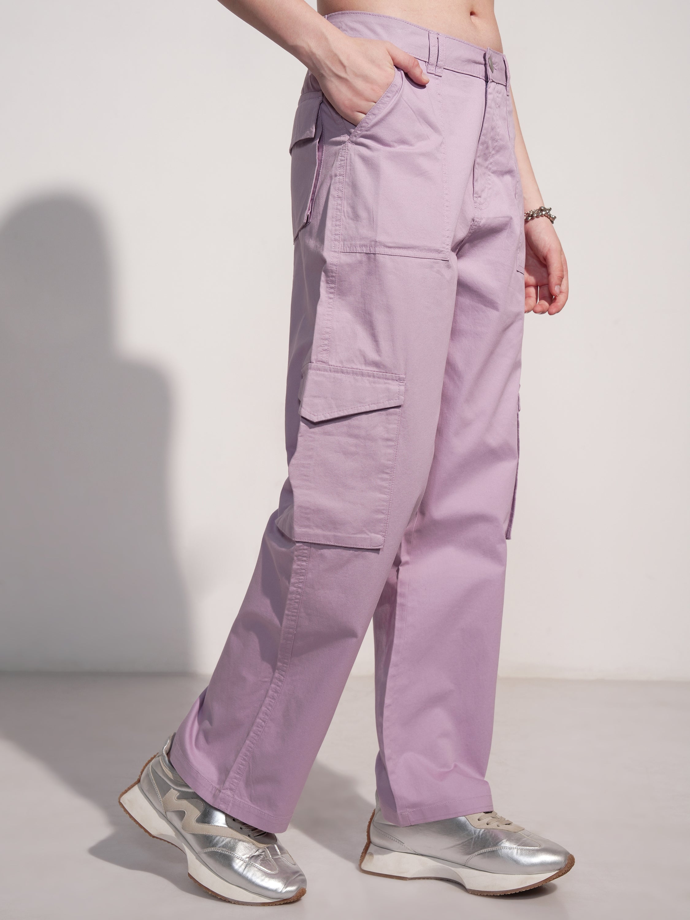 Tokyo Talkies Women Purple Solid Straight Fit Cargos - Purple - Image 6