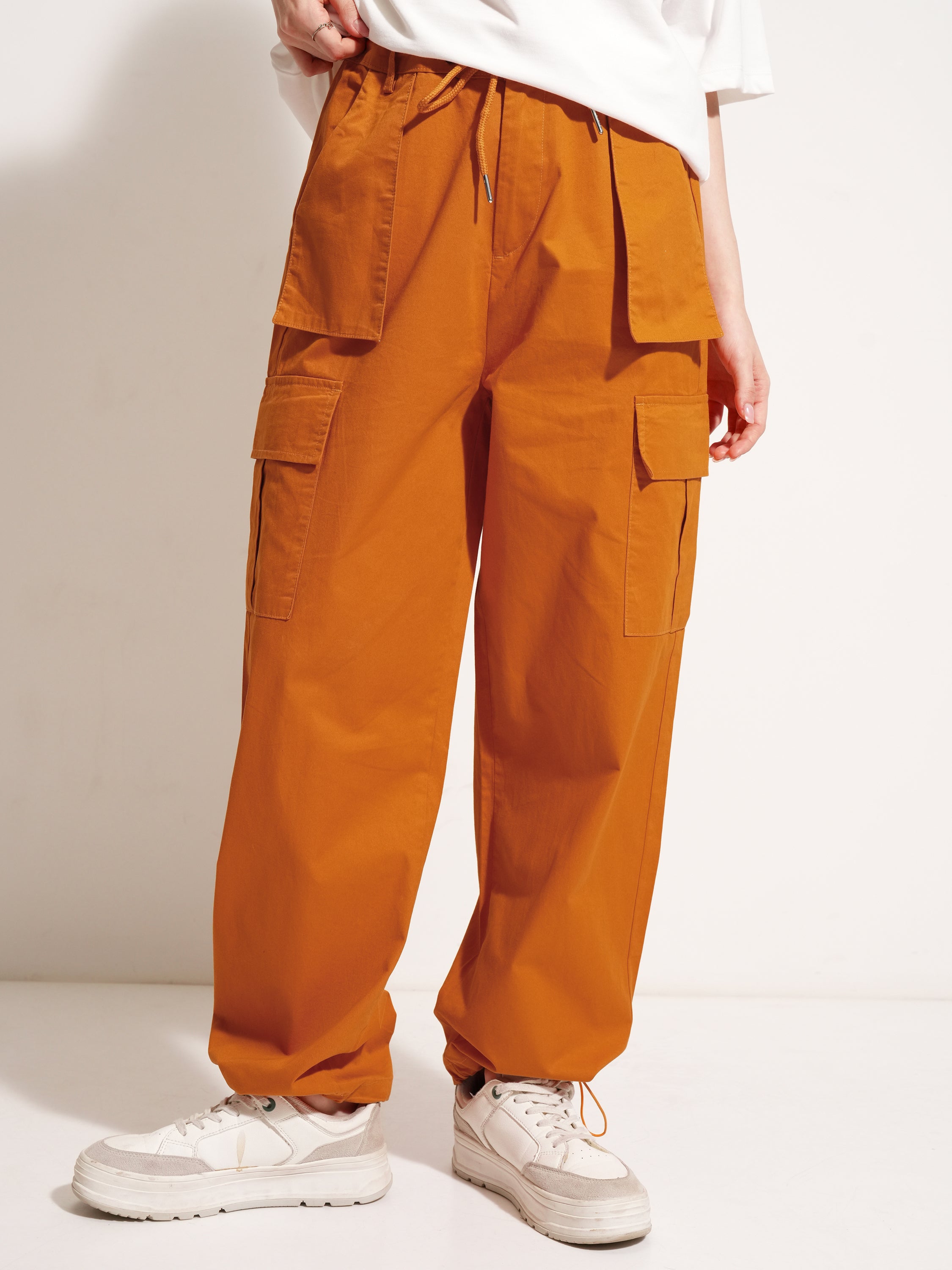 Tokyo Talkies Women Rust Solid Straight Fit Cargos - Rust - Image 1
