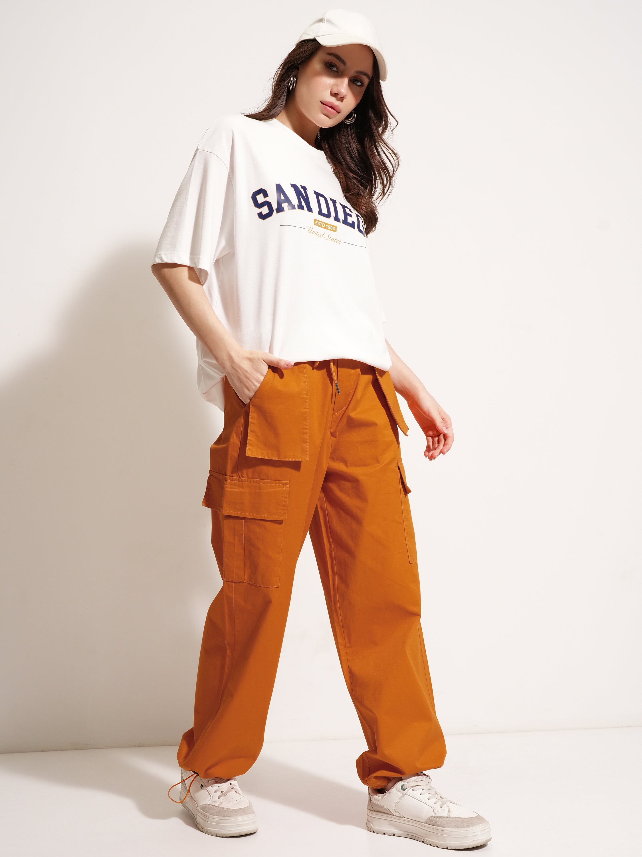 Tokyo Talkies Women Rust Solid Straight Fit Cargos - Rust - Image 2