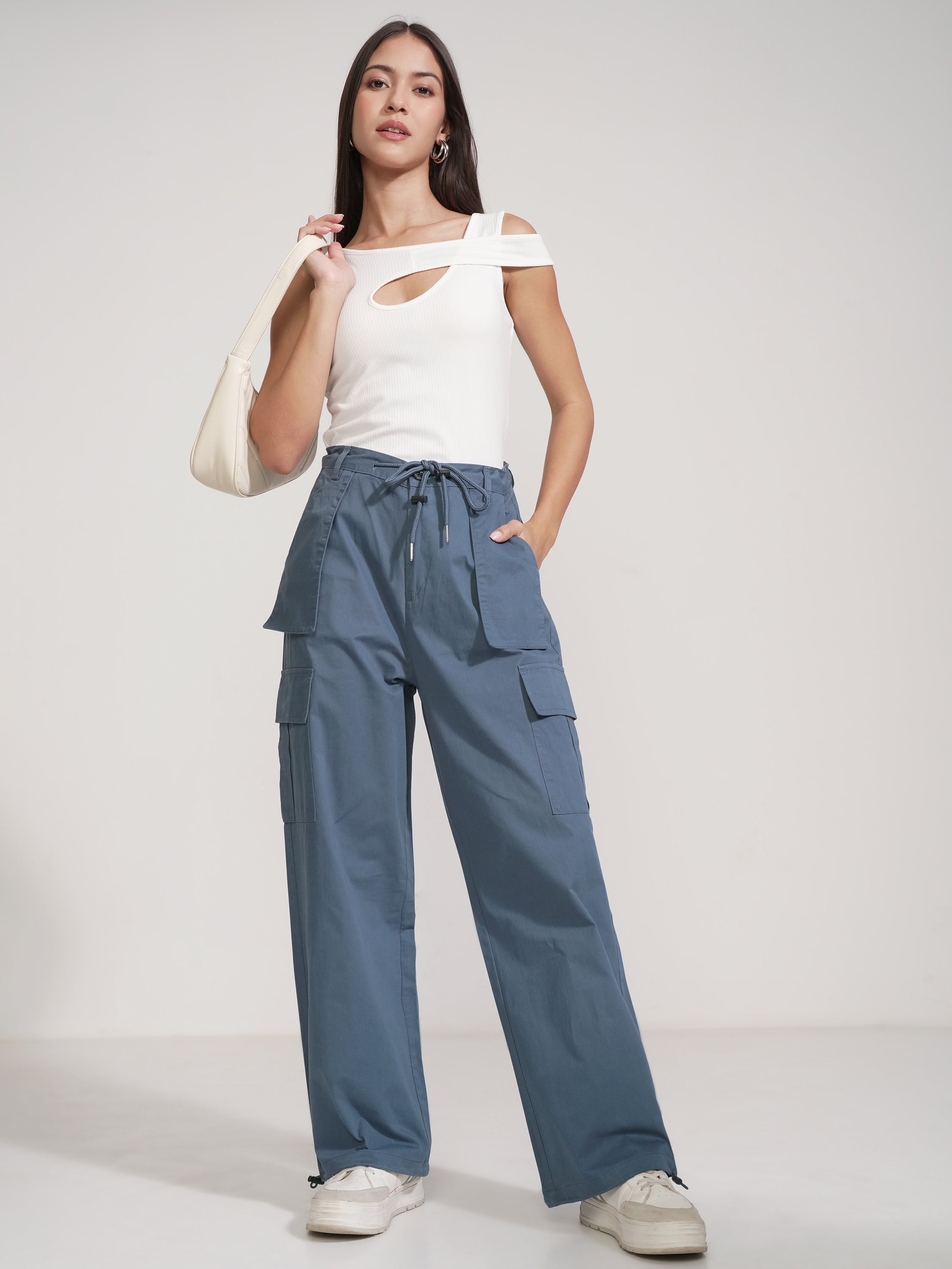 Tokyo Talkies Women Blue Solid Straight Fit Cargos - Blue - Image 2